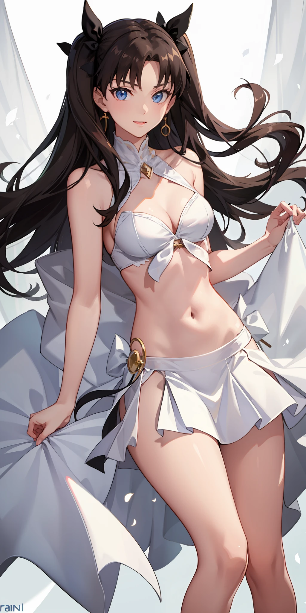 long hair, black hair, medium breast, slim legs, happy, white gown, cleavage, royal, skirt, rin tohsaka, twin tail, navel, ballroom