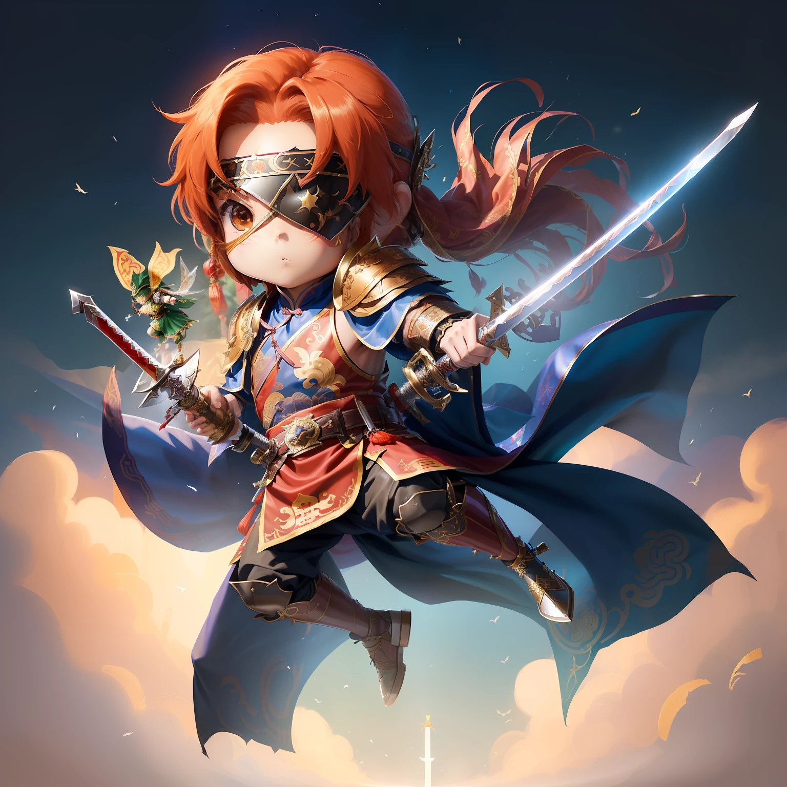 Sword dance anime characters,(Chibi anime characters:1.5),With a mask.,(tchibi:2.2),(Solo:1.5),(sword:1.5),(Chinese wind:1.2),(Chivalrous type:1.4),(Sword dance:1.2),Large range of action,(blindfolds:1.3),(Big action:1.5),(Male characters:1.8),(Long sword:1.5),(Chinese style clothing:1.5),(Bunched hair:1.5),elegant,jump,Male,(Sword fighting moves:1.7),(Yu Pei:1.2),Hair accessories,(Delicate belt:1.2),Pattern,Pattern,(leather shoulder armor:1.1),(sword dance action:1.5),Wu Jian in action,Cloak,(Chinese shoes:1.2),(Chinese fairy costume:1.6),(Headwear:0.9),waistup,(Belt accessories:1.1),Garment edges,Long knees,