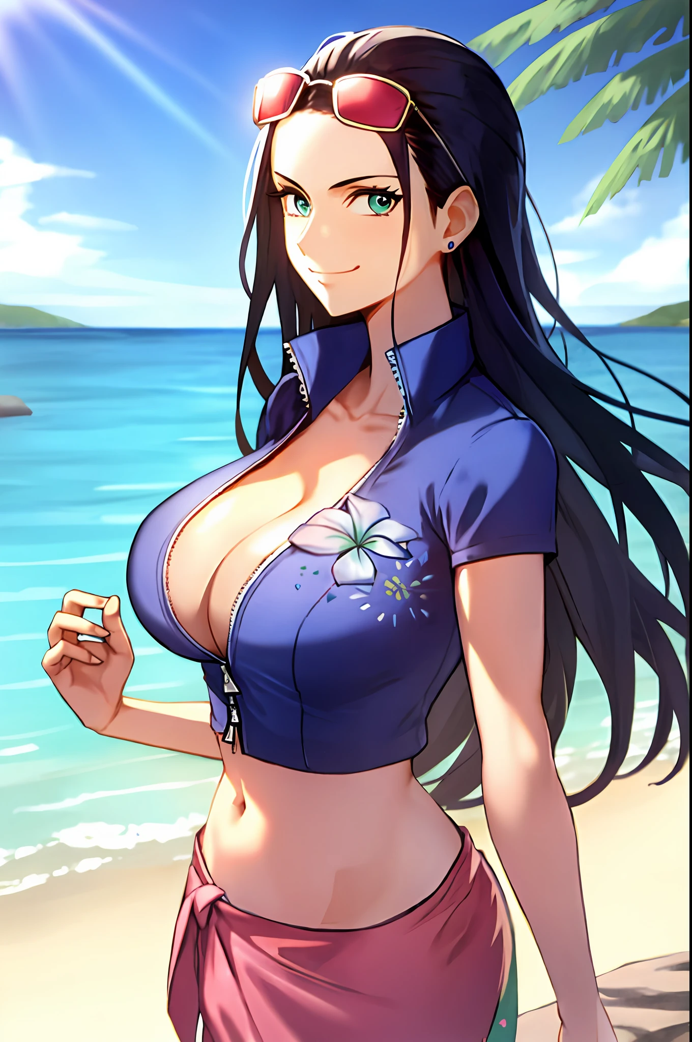 nico robin, wanostyle, 1girl, aqua eyes, black hair, breasts, cleavage, closed mouth, collared jacket, cowboy shot, crop top, cropped jacket, eyewear on head, hair slicked back, hand up, high collar, jacket, large breasts, long hair, looking at viewer, midriff, navel, plunging neckline, pose, sarong, short sleeves, smile, solo, standing, stomach, sunglasses, very long hair, flower drawing on jacket, outdoors, sea, ((masterpiece))