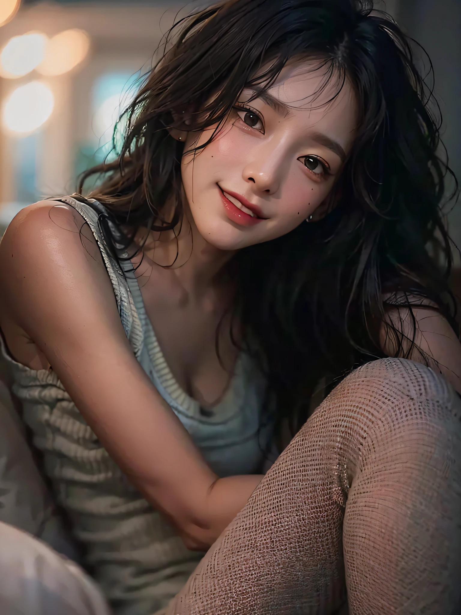 film photography, 1 girl, (leggings), beautiful legs, model pose, seductive smile, medium breast, full body, drunk blush:1.5, black wavy shoulder-length hair, serene, calm, (realistic detailed eyes, natural skin texture, realistic face details), soft dramatic lighting, depth of field, bokeh, vibrant details, finely detailed, hyperrealistic