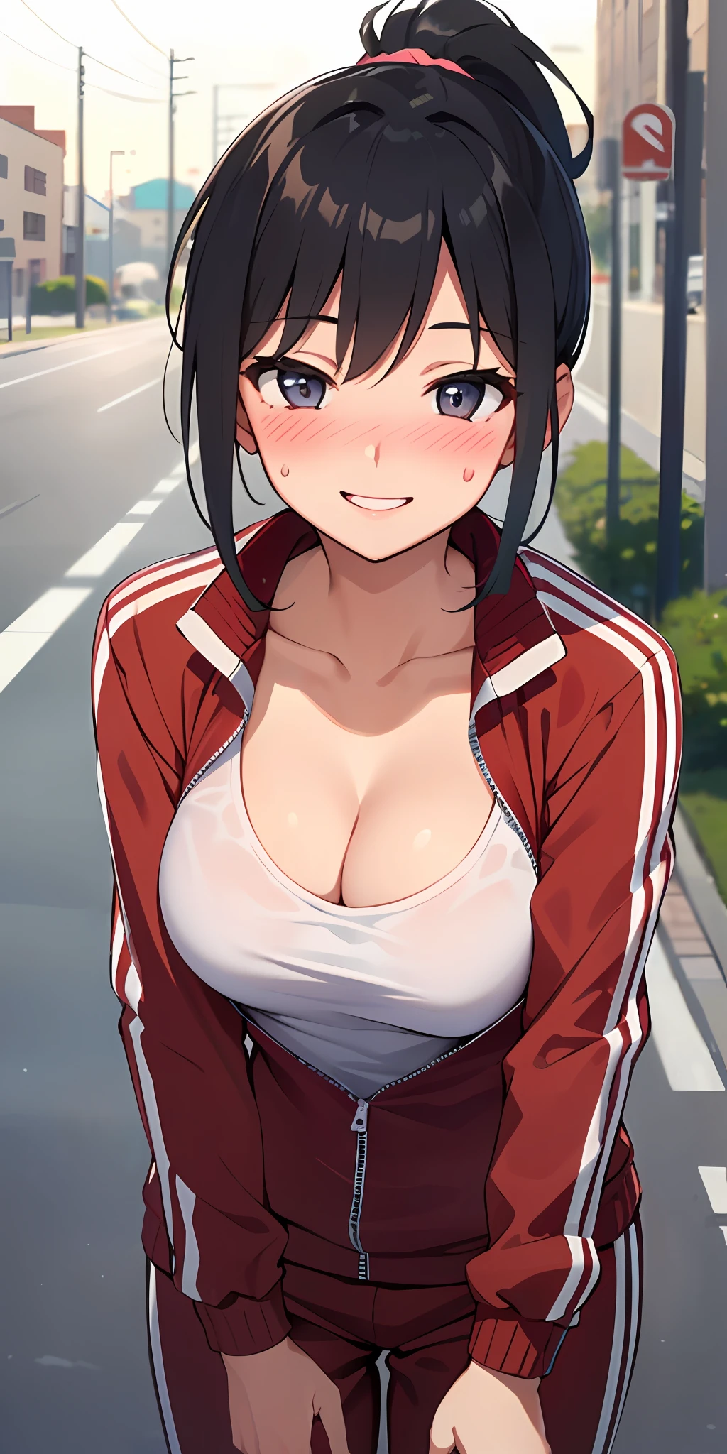 (Best quality:1.3), ponytail, breasts, cleavage, open track jacket, sweatpants, smiling, (pov, close shot, blushing:1.2), street background