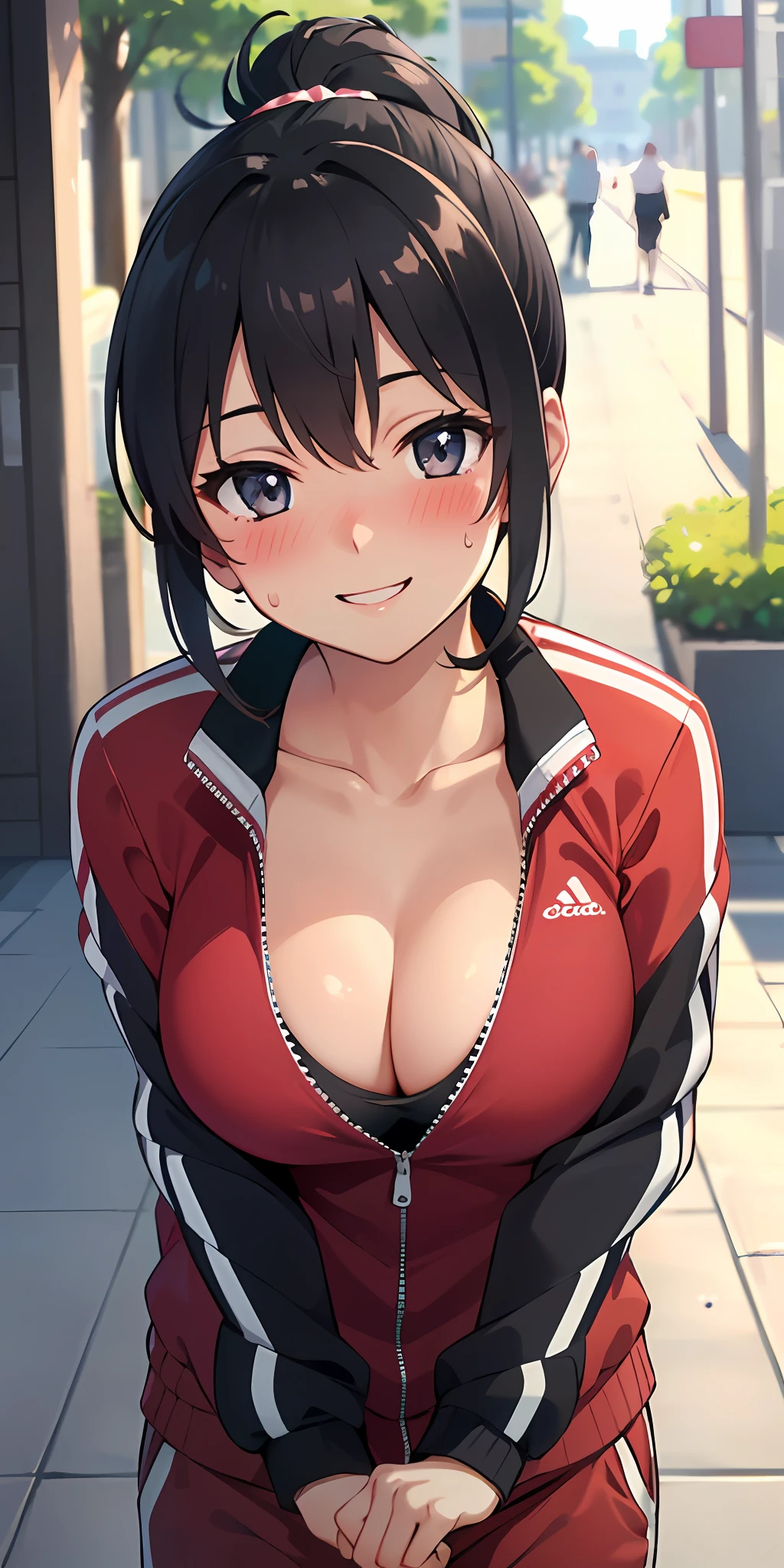 (Best quality:1.3), ponytail, round breasts, cleavage, open track jacket, sweatpants, smiling, (pov, close shot, blushing:1.2), street background