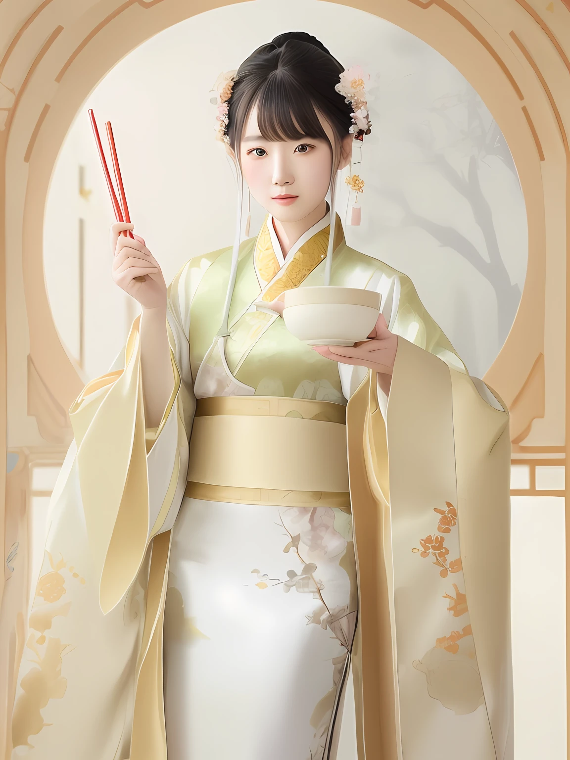 A woman holds a bowl and chopsticks, Palace ， A girl in Hanfu, Hanfu, Wearing ancient Chinese clothes, with acient chinese clothes, Chinese costume, Traditional Chinese clothing, Chinese style, White Hanfu, Princesa chinesa antiga, Chinese dress, ancient asian dynasty princess, Chinese traditional, Middle Metaverse