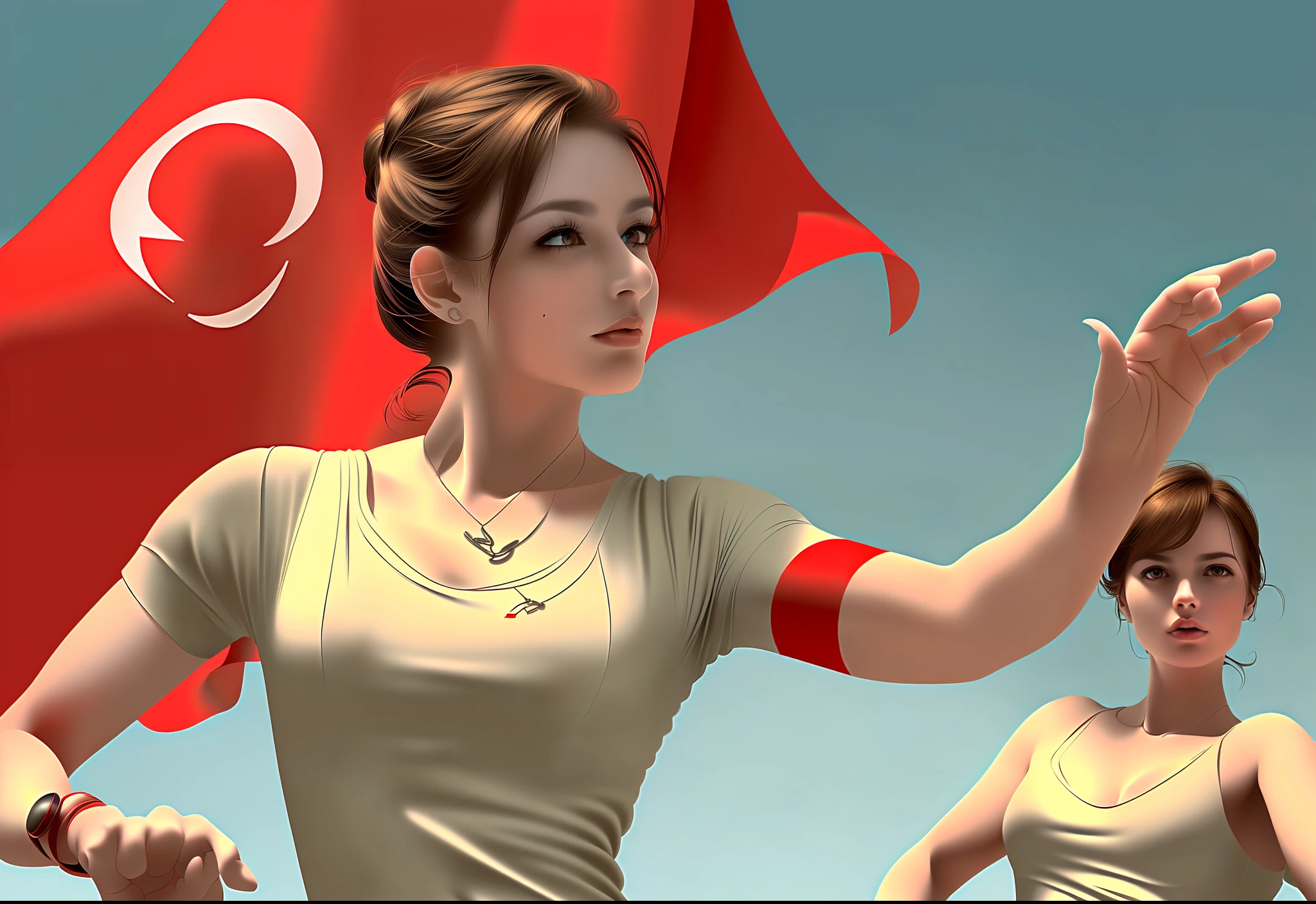 Anime style (hyper realistic), (high resolution), (8K), (extremely detailed), (best illustration), (best quality), (super detailed), (masterpiece), (wallpaper), (detailed face), (dynamic pose),(motion), with Turkish flag on the background