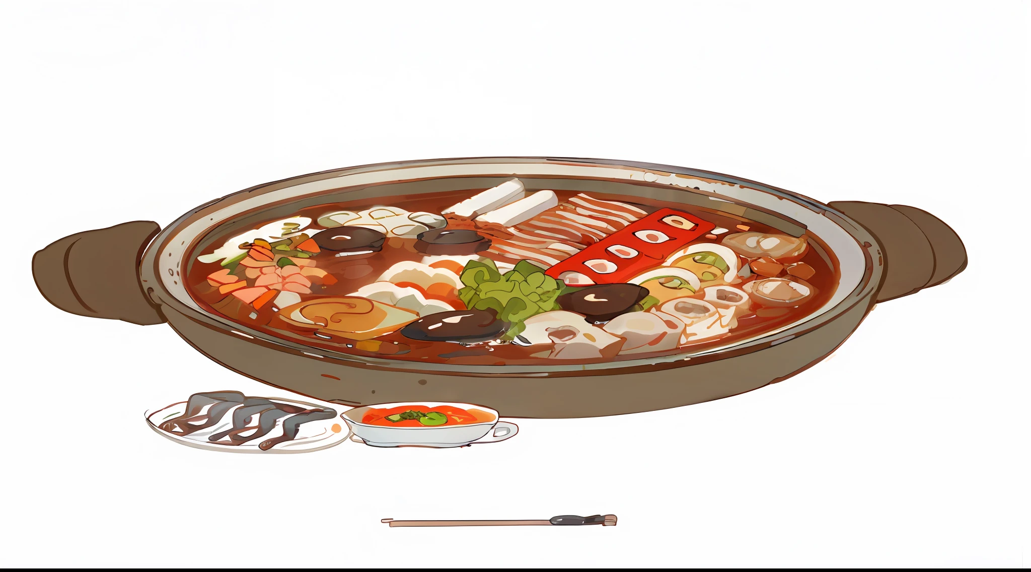 There was a bowl of soup,There is meat and vegetables inside, mapo tofu cartoon, daopao, pot, Amazing food illustration, bowl filled with food, made with illustrator, super realistic food picture, anime food, hd illustration, Boiling, ancient china art style, delicacy, Chinese watercolor style