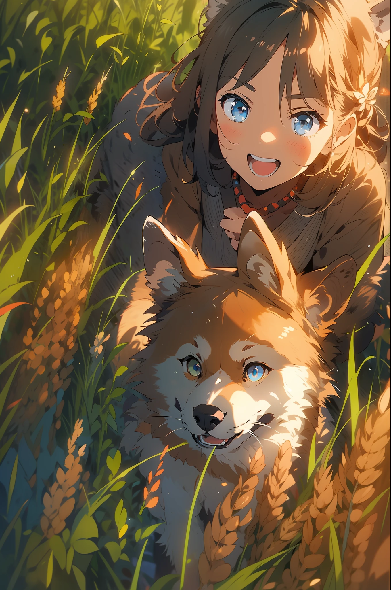 1girl，Rural fields，the setting sun，Crepuscular Rays，Shiba dog，blue color eyes，ricefield，volumettic light，Perspective composition，Wheat，Lively and cute girl，8K,Cinematic lighting effects，Textured skin，best qualtiy，Storytelling images，Ambient lighting，dynamic blur，actionpose，tmasterpiece，A masterpice，