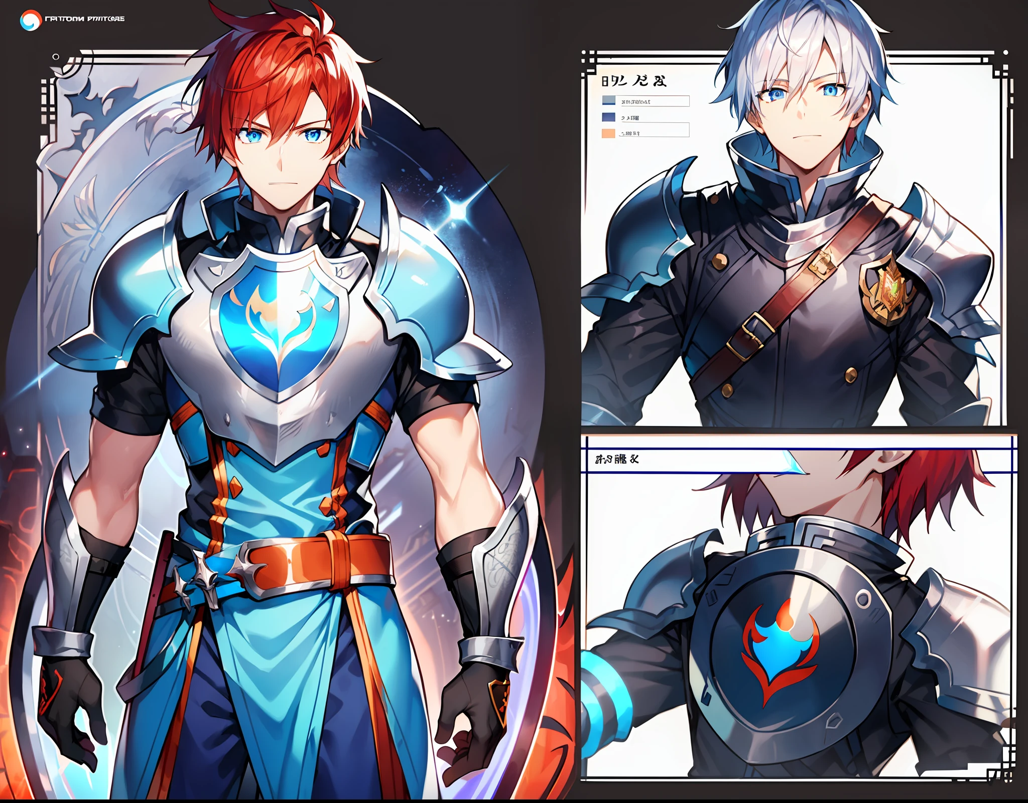 Young man, slight smile, friendly look, red hair, short hair, dark blue eyes, white skin, detailed. Black work gloves, orange shirt, black belt, blue pants. Accessory, 1 Shield, platinum shield, shining shield, 1 sword, silver sword, shining sword. Mid body anime sprite, anime character sheet, full body snime character sheet