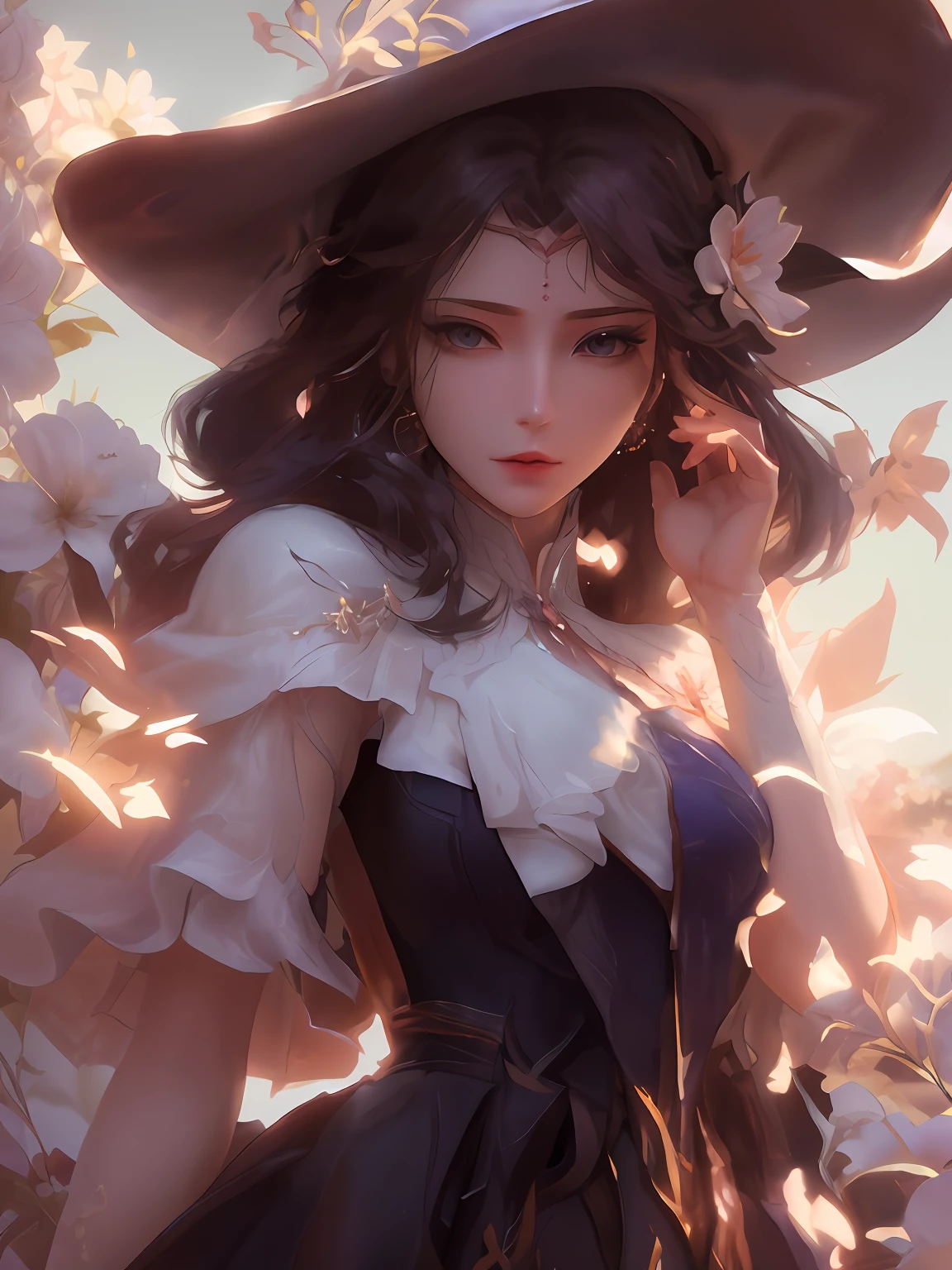 there is a woman with a hat and a dress and a flower, artwork in the style of guweiz, exquisite digital illustration, elegant digital painting, digital art of an elegant, beautiful digital illustration, stunning digital illustration, in the art style of bowater, beautiful digital artwork, inspired by Yanjun Cheng, guweiz, gorgeous digital painting, glossy digital painting,extremely high detail, 4k detailed digital art, stunning digital illustration, digital fantasy illustration,((Best quality)), ((masterpiece)), (detailed:1.4), 3D, an image of a beautiful female,HDR (High Dynamic Range),Ray Tracing,NVIDIA RTX,Super-Resolution,Unreal 5,Subsurface scattering,PBR Texturing,Post-processing,Anisotropic Filtering,Depth-of-field,Maximum clarity and sharpness,Multi-layered textures,Albedo and Specular maps,Surface shading,Accurate simulation of light-material interaction,Perfect proportions,Octane Render, Two-tone lighting,Wide aperture,Low ISO,White balance,Rule of thirds,8K RAW,