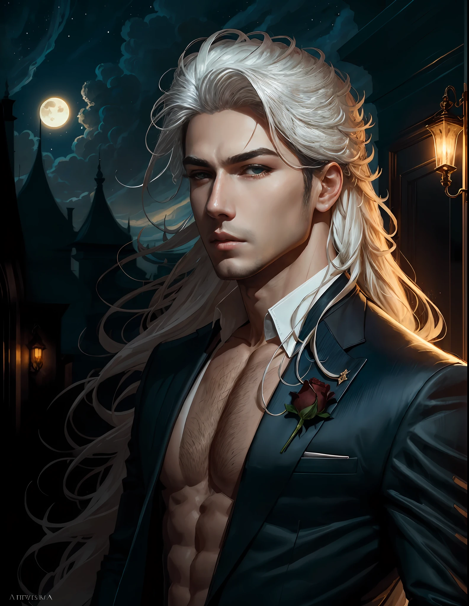 masterpiece, highest quality, (solo focus), (perfect face:1.1), (high detail:1.1),dramatic, 1guy, (pale skin), long white hair, white eyes, [light eyebrows], solo, long hair, moon, night, white luxury suit, covered navel, pouty lips, (beauty marks),  palace, detailed background, art by artgerm and greg rutkowski,  cinematic lighting, roses, suggestive