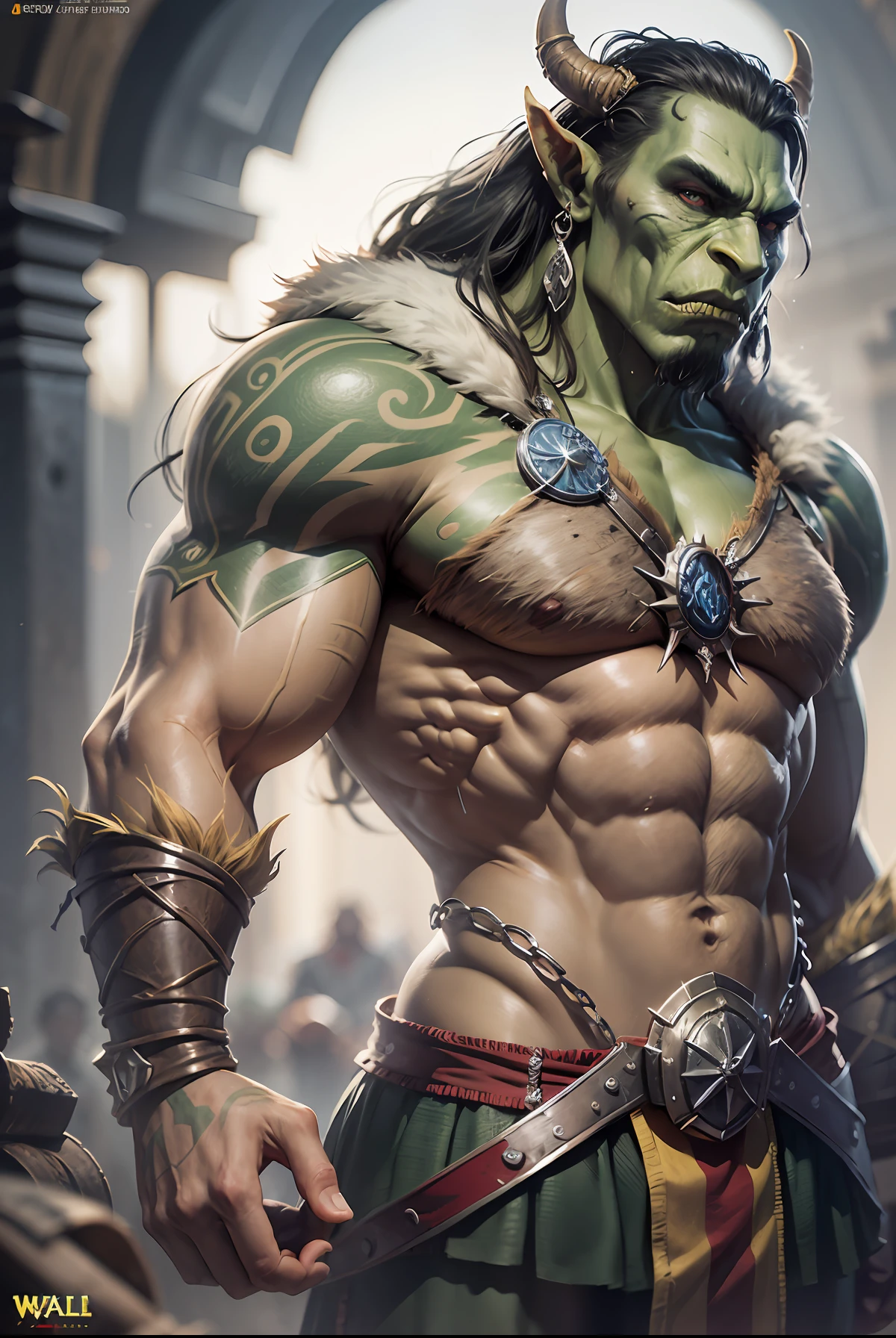 Art ,art digital,GAME ,cinematic art,Warriors ORC ,fierce muscle strength ,valente obra-prima premiada (((Cartaz de filme WARCRAFT)))) WARRIOR ORC pele verde , cabelo comprido,armadura leve de couro, apetrechos de Orcs, ULTRA HDR 16K, ultra realista ,fundo simples,obra complexa , surreal, extraordinary ,mui grande detalhada personagem fiel ao game ,detalhes intrincado, cinematic environment , Lighting and studio tones, renderização 3dMM. Canon 105mm.