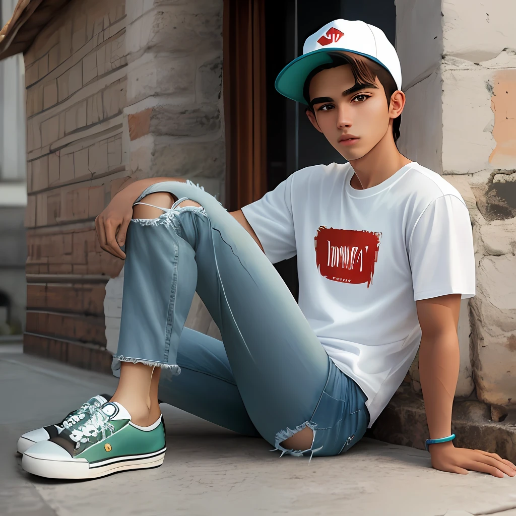 Adolescente branco de 18 anos, olhos expressivos, magro, cabelos castanhos ondulados, camiseta vermelha, bermuda jeans azul desfiada, perfect hands, old brown sneakers without socks, realista, ambiente claro, fundo verde liso, estilo ultra realista, sem fundo, corpo inteiro