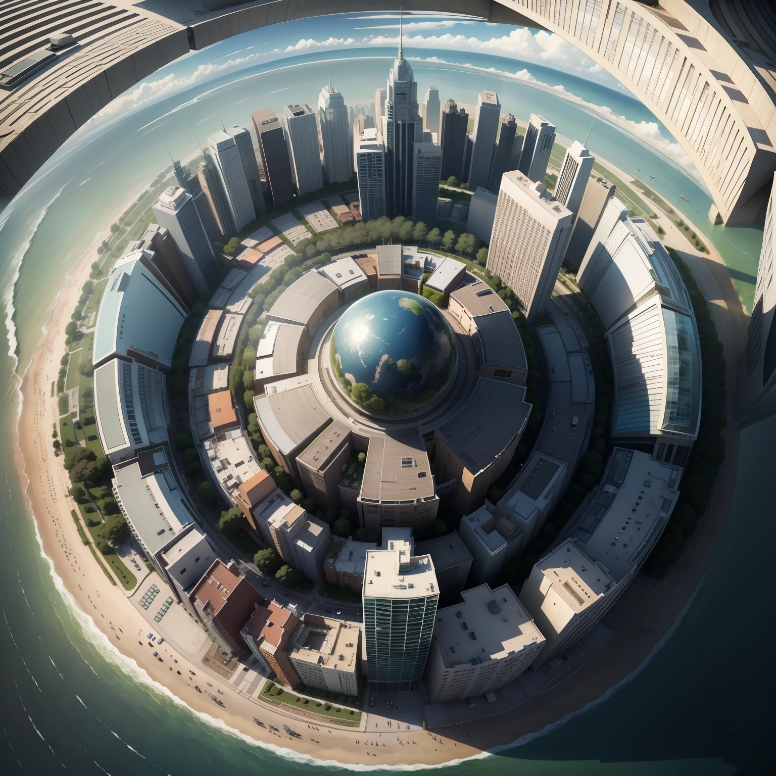 Imagine a bird's-eye view scenario：On the edge of the city there is a complex of buildings，It contains 34 spherical buildings，They sit in a circle，It is a modern business center，It was lively