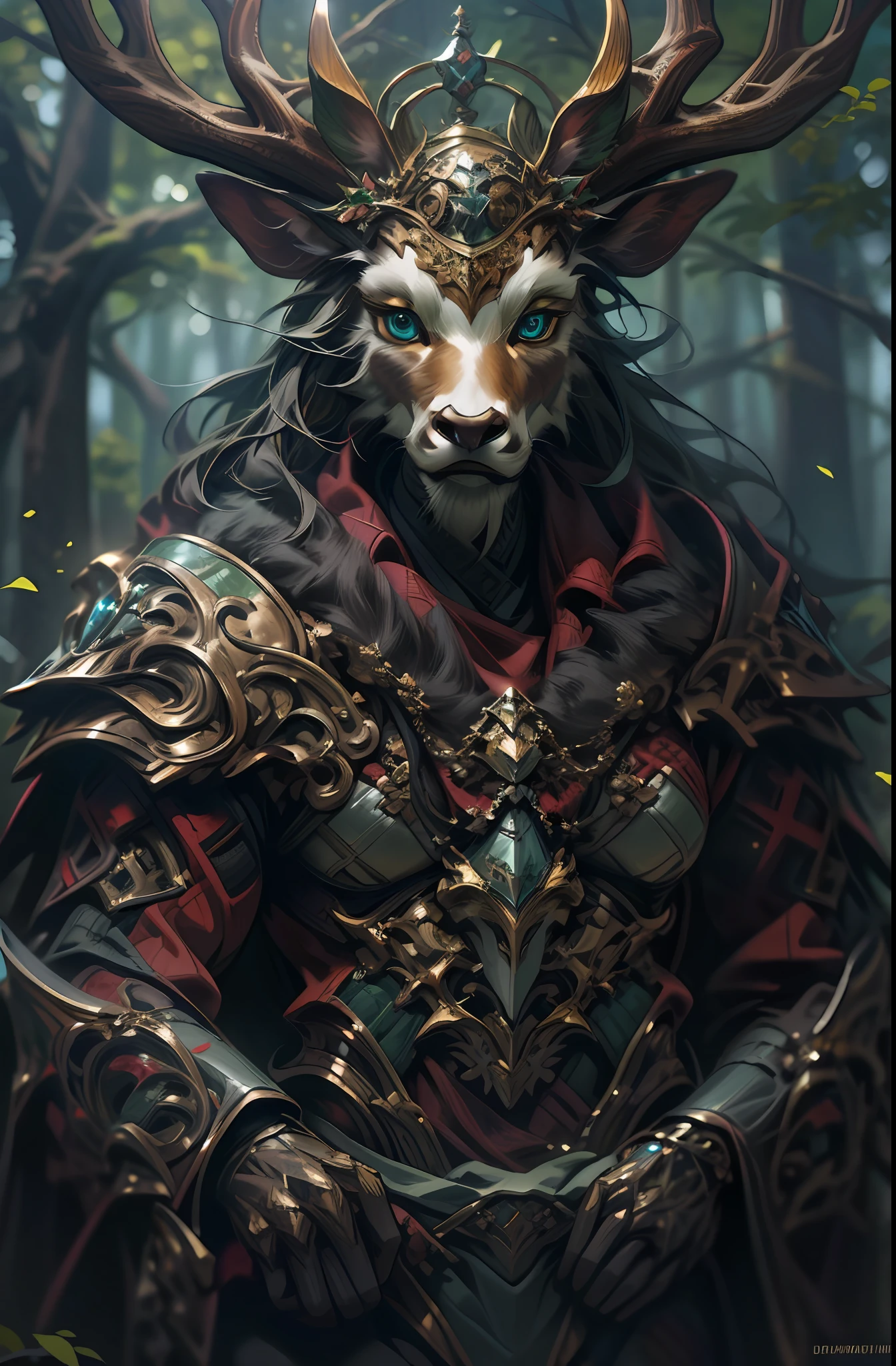 Deer warrior, Full body like，Close-up of a deer warrior holding a sword in the forest, Determined eyes，Fierce，Armour，（Strong body，Wide shoulders，musculature：1.4），Ancient mythology，Divine light effects，（The body is covered with fur），cernunnos, God of the forest, highly detailed fantasy art, Celtic antler god, redwood forest themed armor, wearing a crown made of antlers, detailed fantasy art, an anthropomorphic deer, horned god, hyper-detailed fantasy character, anthropomorphic deer, Fantasy art in 4K，Full body standing painting，Fantasy setting, character concept, character art, Character portrait, Cartoon, Best quality, Best resolution, 4K, Vivid colors, Vivid, High detail, best detail, confident pose, extrovert, look from down， (High detail:1.1) ，unreal-engine，tmasterpiece，best qualtiy，Best resolution，32K