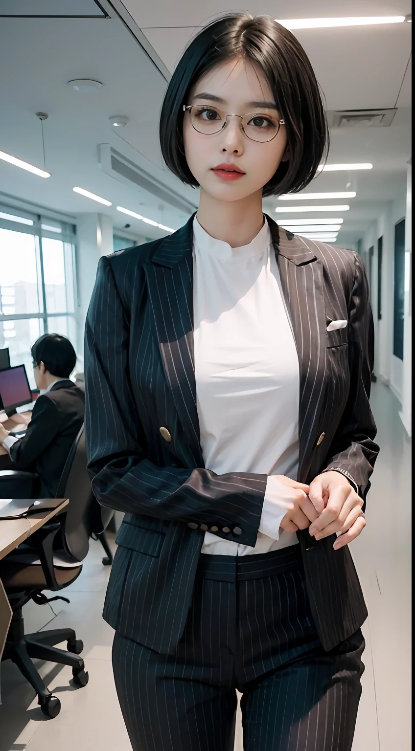 In a spacious and bright open office area,An Asian woman wearing a black and white striped blazer with black pants,The hair is neatly cut into short hair,Glasses make her look smarter and sharper,At the same time, the face contours are clear,Delicate skin,The unique temperament attracts people's attention。