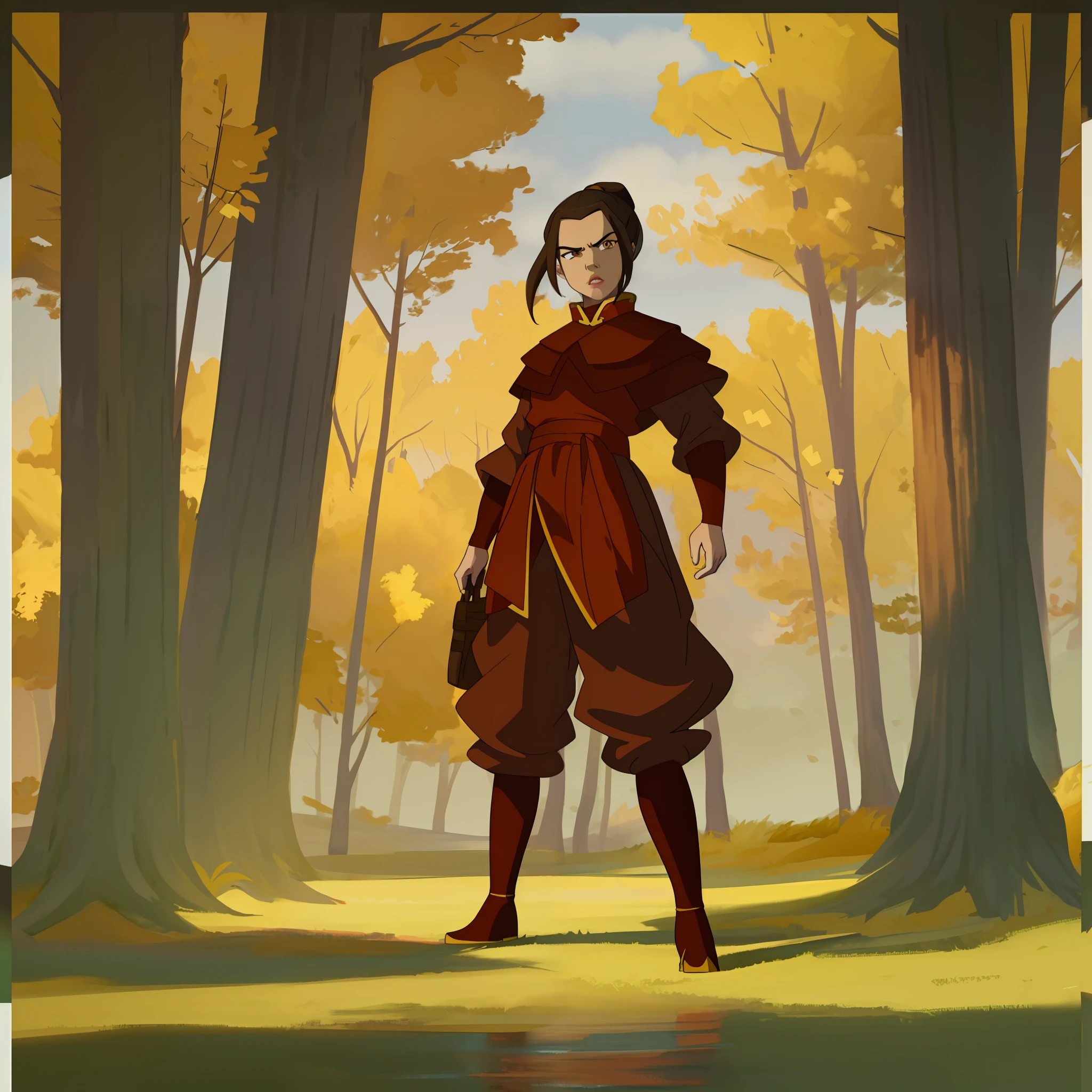 [azula], [(Avatar_the_Last_Airbender)], ((masterpiece:1.4)), ((high res:1.4)), ((High definition)), ((detailed shading)), ((beautiful solo portrait)), ((full body)), ((anime girl)), (beautiful 3D art)), {attractive; (brown hair; short ponytail), (beautiful maroon eyes), (angry), curvaceous hips, beautiful lips, abs}, {(red robe), (brown baggy pants), (black knee high pointed boots)}, (standing), (attractive pose), [background; river, sunny, trees]