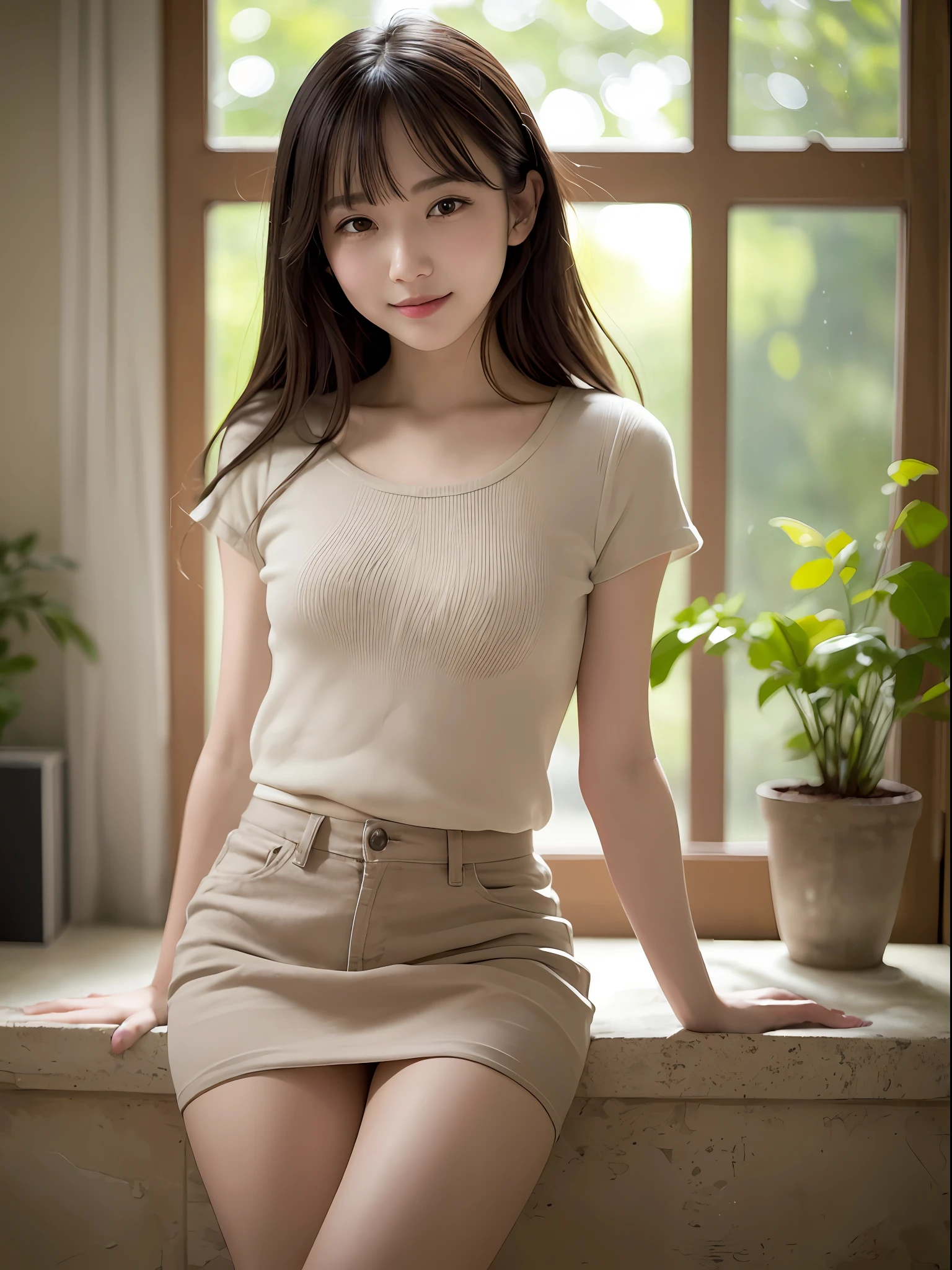 (top-quality、masterpiece:1.5)、(Photo Real、intricate-detail:1.2)、超A high resolution、absurderes、
1girl in、22-year-old girl、Idol-like face、Facial light、blush of the nose、
tshirts、Mini skirt 15cm above the knee、
A smile、Small dimples、
Slim waist、Slim Leg、Long leg、
slender and very slender body,,,、
shinny skin、Authentic skin texture、
natural soft light、The best lighting、细致背景、detailed shadow、foco nítido、Depth of field f / 2、
saturated、highly contrast、Strong light and shadow