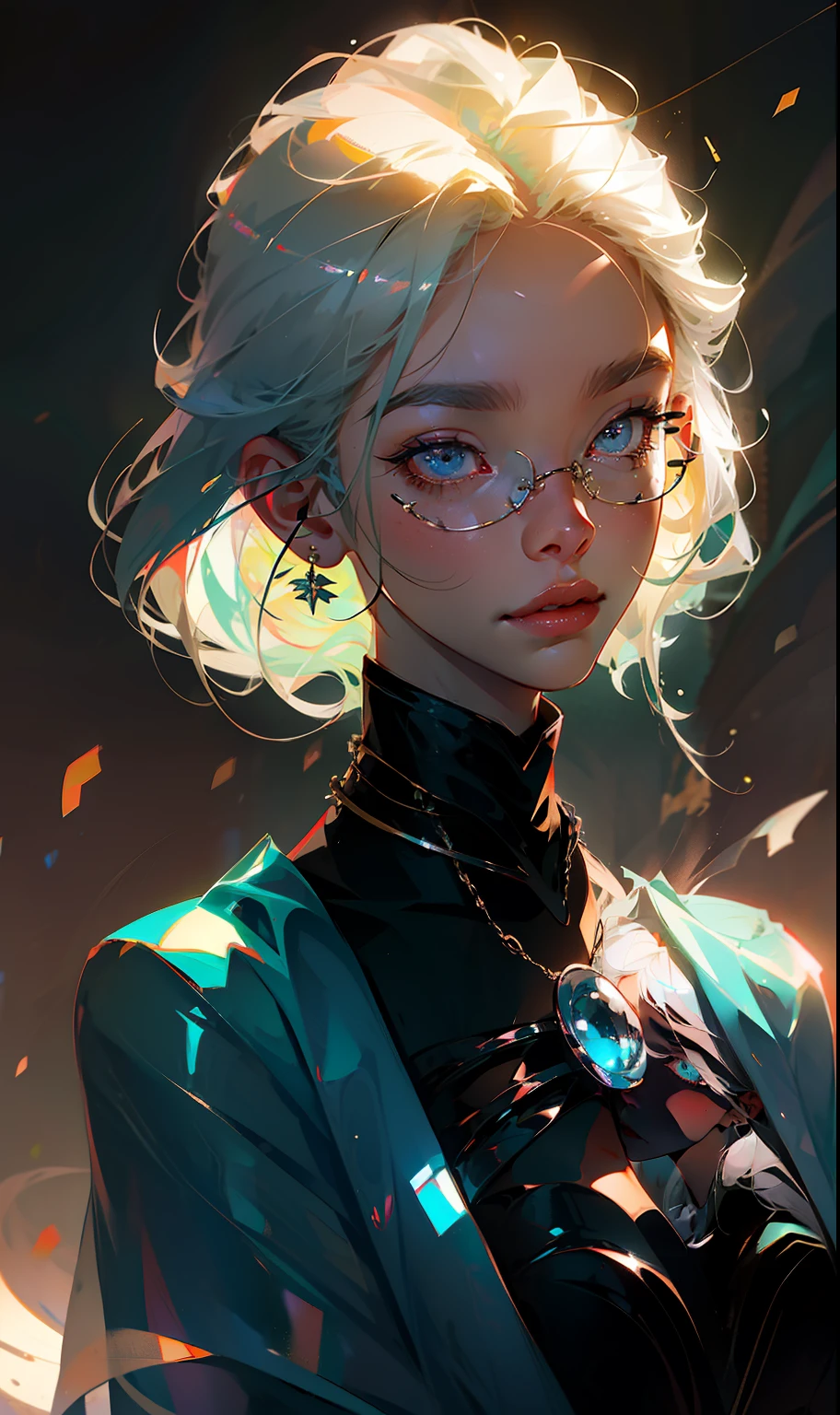 silver hair, colored inner hair, asymmetrical hair, hair strand, crescent hair ornament, rimless eyewear, mole under eye, dashed eyes, aqua eyes, longeyelashes, smile, grin, covering mouth, Verism, chiaroscuro, depth of field, glowing light, outside border, lens flare, UHD --auto