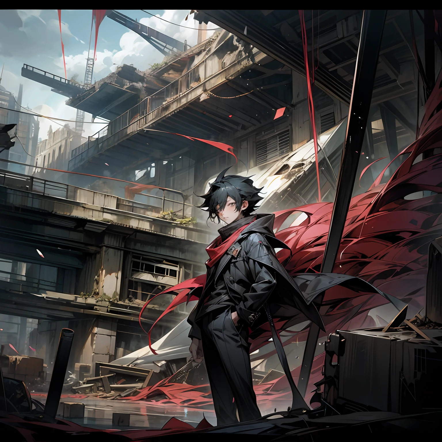 Anime Boy wearing black clothes and with dark spells around him, with the scenery behind him destroyed --auto