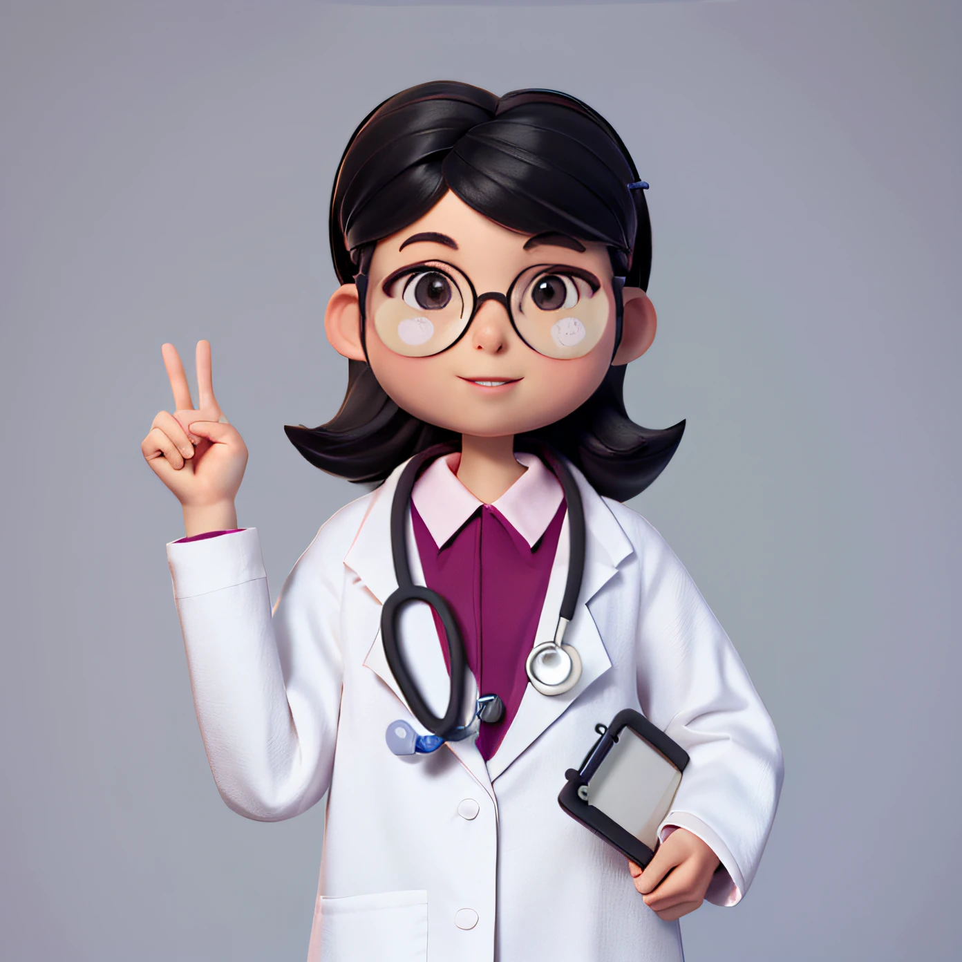 UHD, retina, masterpiece, ccurate, anatomically correct, textured skin, super detail, high quality, high details, best quality, highres,Cartoon doctor makes peace sign with his hand, black color hair,with a stethoscope, wearing lab coat and a blouse, doctor, the doctor, Wearing a lab coat, With a lab coat, (doctor), Wearing a lab coat, portrait of a female pathologist, healthcare worker, Wearing a lab coat, wearing lab coat and glasses, medical image, White coat, nurse girl