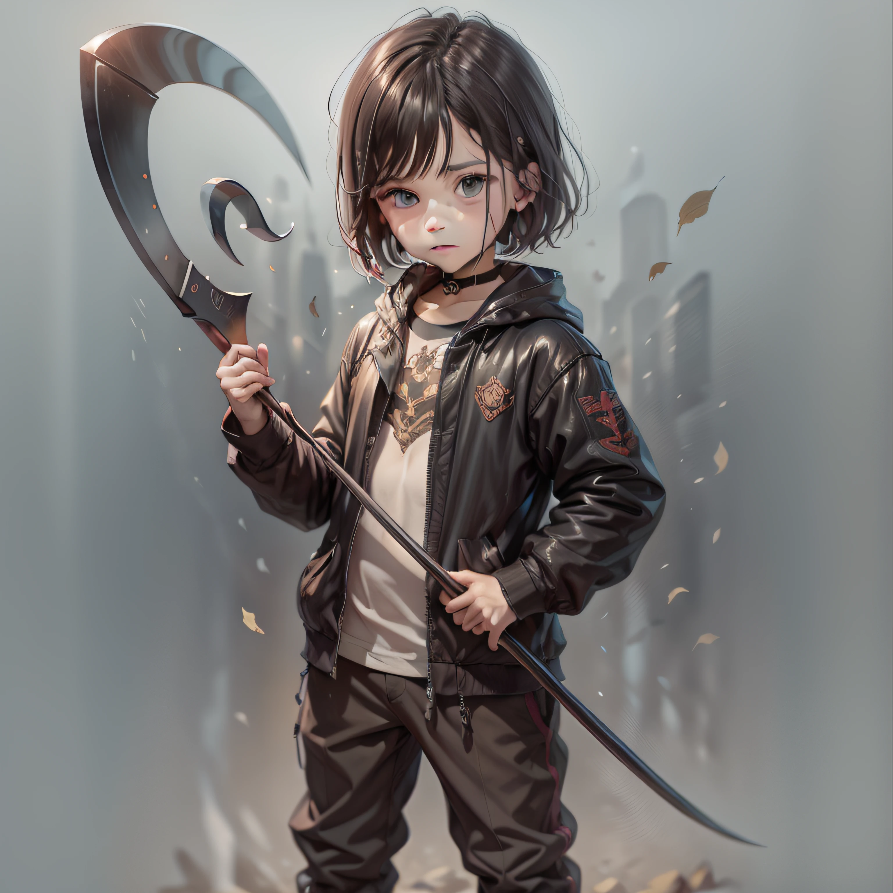Child boy holding a large scythe