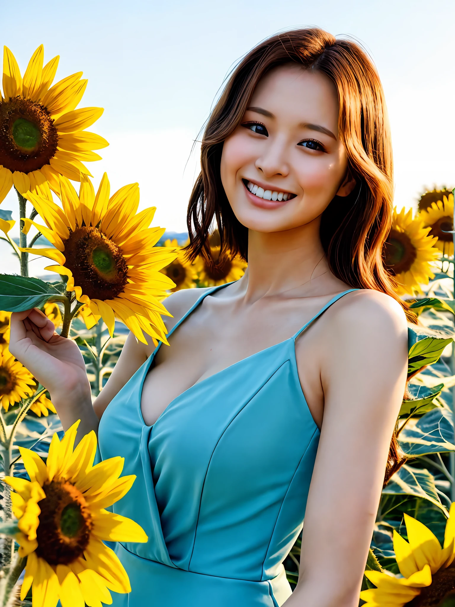 (top-quality、​masterpiece:1.2)、ultra-detailliert、(photographrealistic:1.4)、独奏、Cute little girl s、20yr old、lightsmile、onepiece、sunflower_background、huge tit