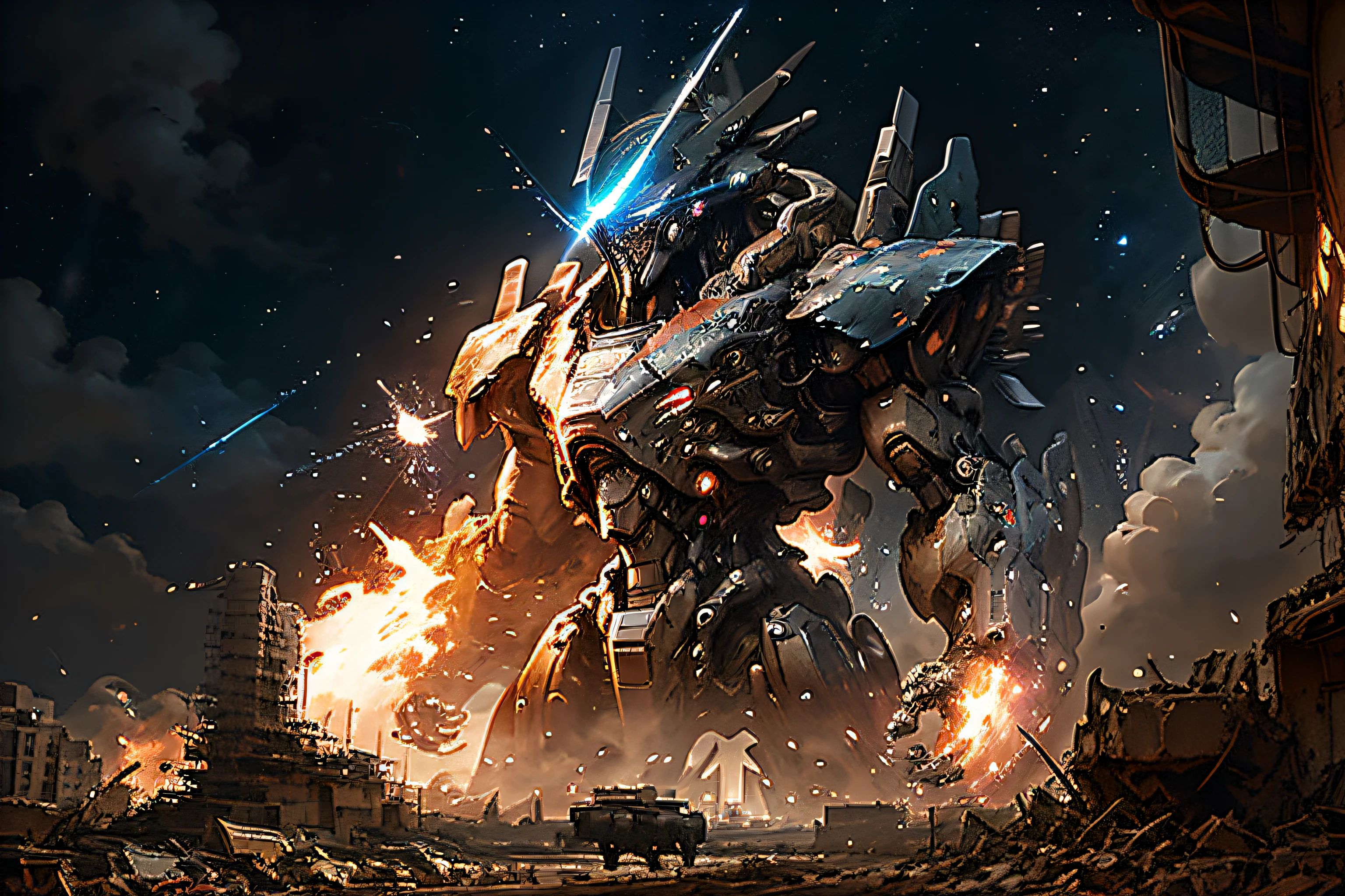 masterpiece, best quality, giant mecha, no humans, black armor, blue eyes, science fiction, fire, laser canon beam, war, conflict, destroyed building background, (night), dark, no light, starry sky