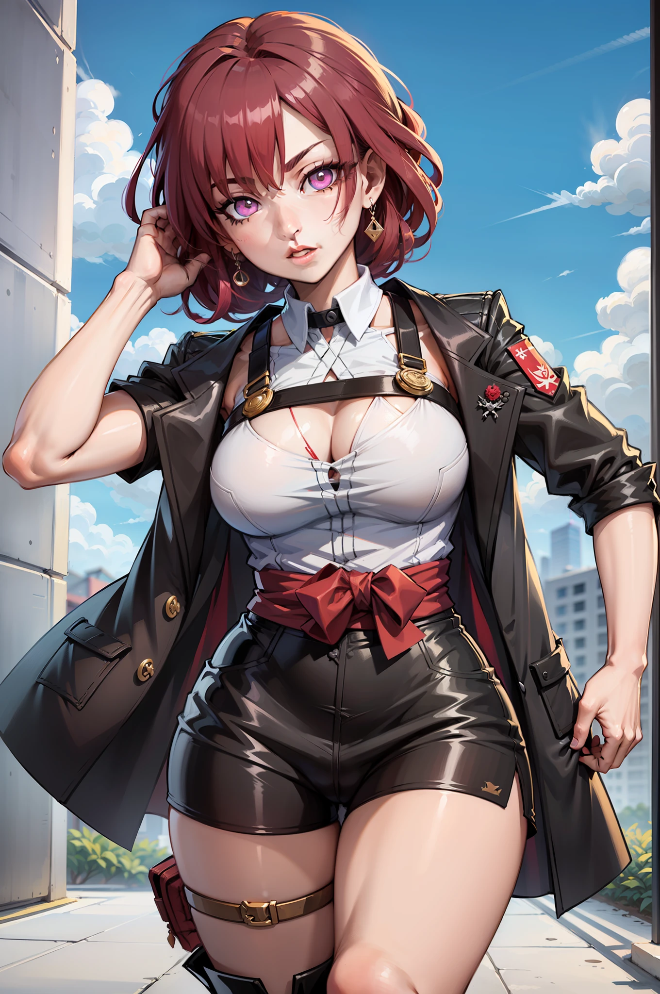 (((Kunoichi de Kumogakure, Vila Oculta da Nuvem))) Hiyori Karyū, ambar eyes, large breasts visible, bunda grande, using the body technique (((Punho Divergente))) a powerful taijutsu perfected through generations within the Karyū Clan that allows you to store an immense amount of chakra directly in the fist. Por meio do chakra acumulado, The blow creates a spatial distortion when the user hits a punch on their target, seu chakra flui e faz um segundo impacto mais forte. Throwing the opponent for hundreds of meters, quebrando seus ossos, lots of action, (detailedfacialfeatures), 
fundo detalhado intrincado, sonhador, anime, trend in the Naruto anime, HD, ((por Masashi Kishimoto))):1.8, atmosfera, luminosidade, frontlighting