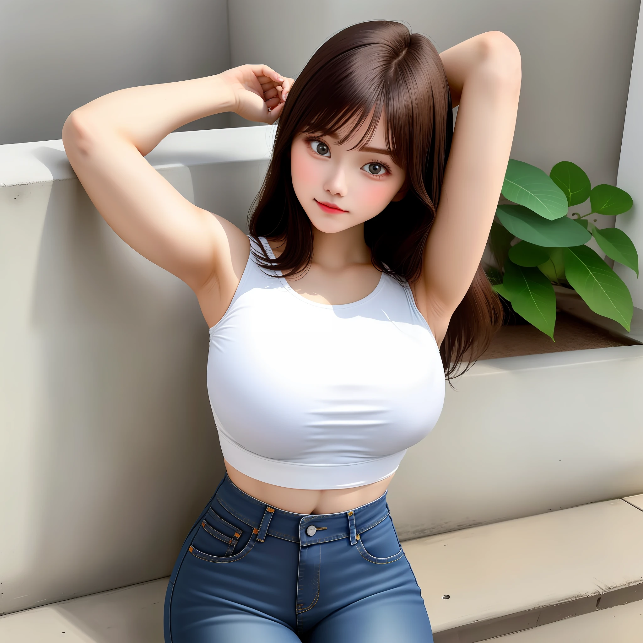 Girl in white bra and tight denim with her legs spread out for a photo,Keep your arms behind your back,full bodyesbian,With a cropped T-shirt、brassier,Slim body,Larger bust,Slim girl model,24 years old female model,