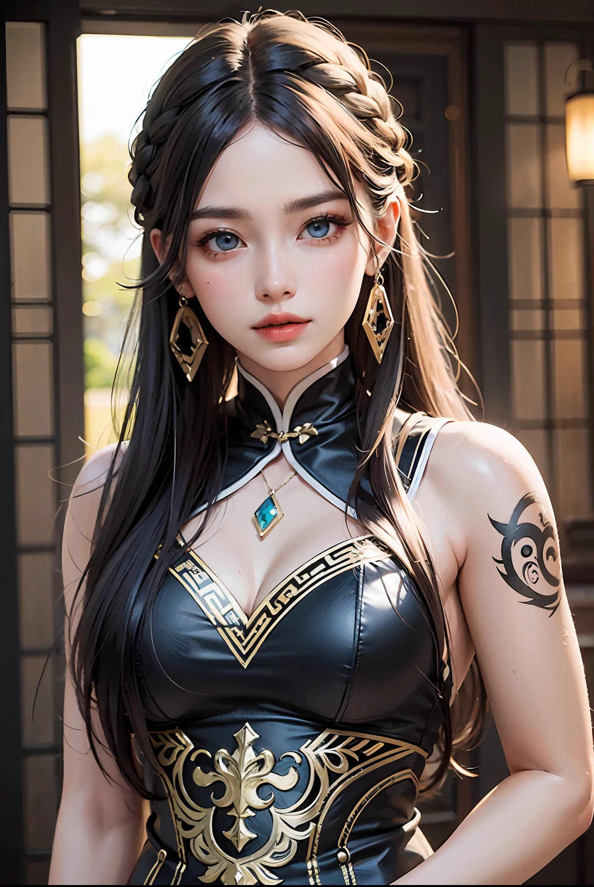 Ultra HDR,16K,Melhor qualidade obra-prima ,cachos cabelos pretos , 1 girl solo,tatuagem , cabelo preto , brincos,jewelry long hair looking at the viewer, tattoo on upper arm, fundo simples fundos branco, lips upper body Chinese clothes blue eyes sleeveless ,textura da pele natural hoperealista,