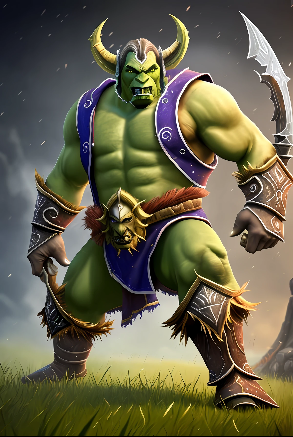 Art ,art digital,GAME ,cinematic art,Warriors ORC ,fierce muscle strength ,valente obra-prima premiada (((Cartaz de filme WARCRAFT)))) WARRIOR ORC pele verde , cabelo comprido,armadura leve de couro, apetrechos de Orcs, ULTRA HDR 16K, ultra realista ,fundo simples,obra complexa , surreal, extraordinary ,mui grande detalhada personagem fiel ao game ,detalhes intrincado, cinematic environment , Lighting and studio tones, renderização 3dMM. Canon 105mm.