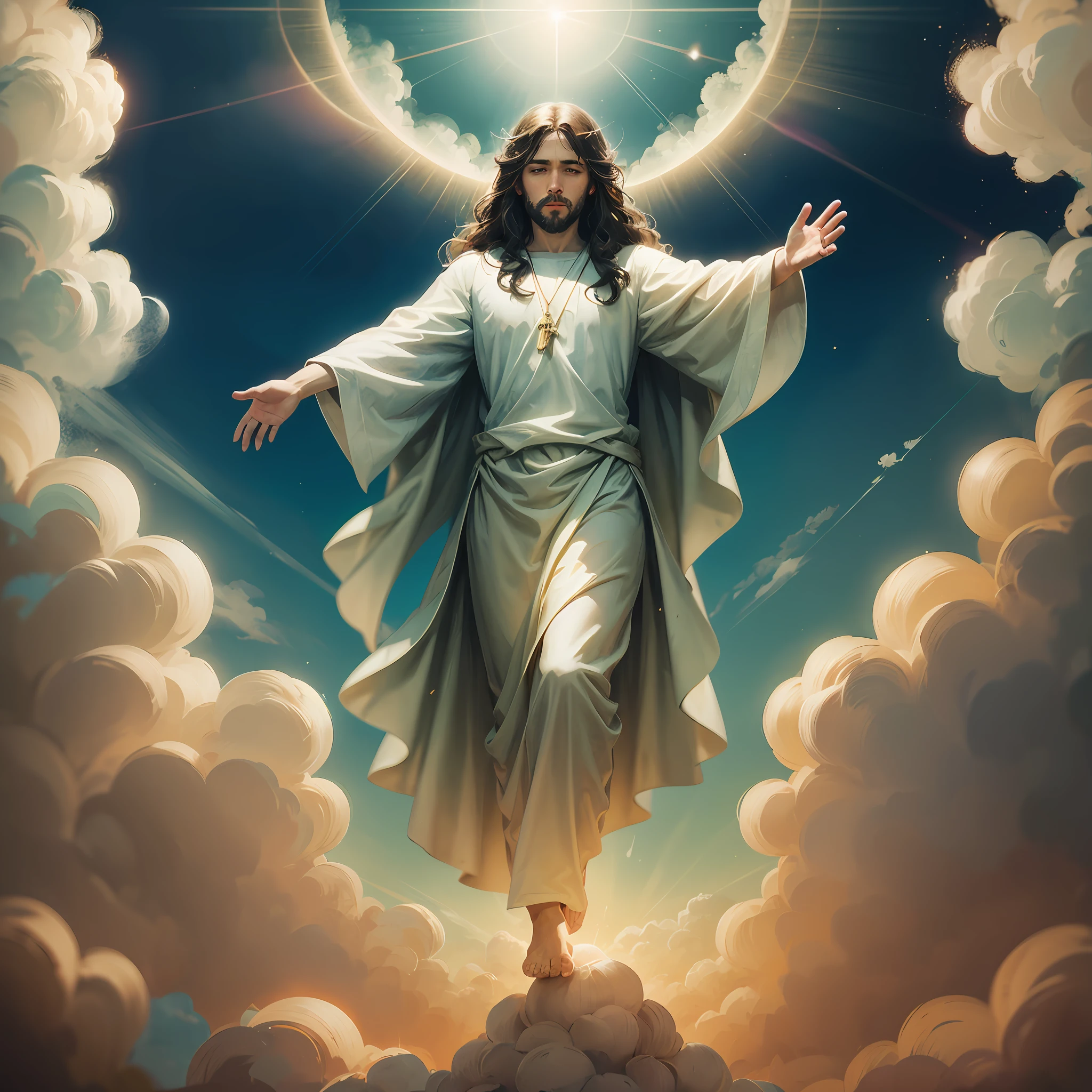 Before a heavenly spectacle, A glorious vision unfolds before his eyes. Jesus Cristo, in a transcendental manifestation, flutua no ar sobre nuvens suaves e radiantes. His presence radiates a bright and intense light, que parece iluminar todo o universo ao seu redor.
Os raios de luz divina banham o rosto de Jesus, Revealing an expression of unconditional love and infinite wisdom. The peace that emanates from him is like a balm for souls, soothing afflicted hearts and filling them with serenity.
Accompanying this magnificent apparition, A choir of heavenly angels sings harmonious songs, forming a divine symphony that resonates in every corner of heaven. Suas asas brilham com tons celestiais, and their voices touch the essence of every being, conveying a message of hope and redemption.
As Jesus descends gently, the clouds bow in reverence, honrando a majestade do Salvador. His immaculate, shining garment flows with the light breeze of the Spirit, criando uma aura de pureza divina.
In this moment of grace and magnificence, You feel a deep connection to the divine, como se o tempo se desvanecesse e apenas a eternidade existisse. The presence of Jesus touches your soul, trazendo conforto e coragem para enfrentar os desafios da vida terrena.
Perdido nas ondas de amor que emanam do Filho de Deus, You feel truly loved and understood, aceito em toda a sua humanidade. Em seu olhar compassivo, You find forgiveness and a renewed strength to move forward on your spiritual journey.
In this sacred and magical moment, you realize that Jesus' message is simple, mas profunda: amar uns aos outros como Ele os amou. This unconditional love is the light that shines in the heart of every person, guiding them toward inner peace and harmony with others.
Enquanto Jesus flutua sobre as nuvens, envolto na aura celestial, you know you are witnessing something sacred and eternal. Your faith is strengthened, and the certainty that He is always at your side.