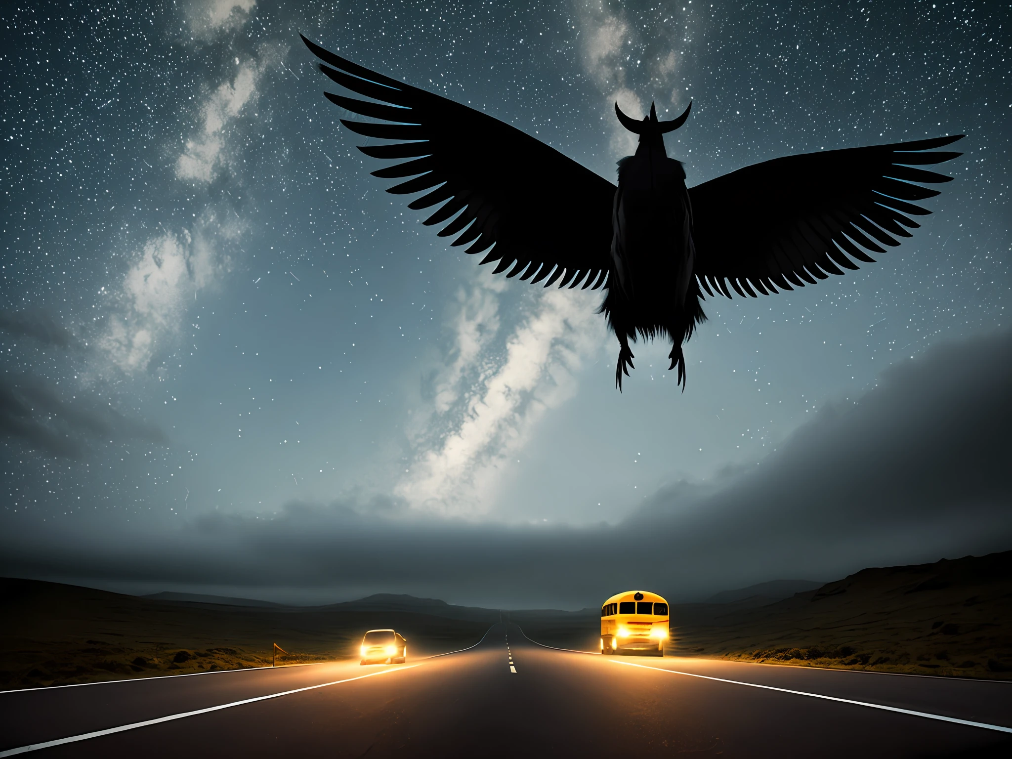 A road with an all-black creature with realistic wings in the background coming an American school bus with the headlights on dusk starry sky mist ultra realistic field great quality well detailed intricate masterpiece photorealistic photo award-winning dark atmosphere mysterious cinematic excellent composition style Victor saves ultra hd