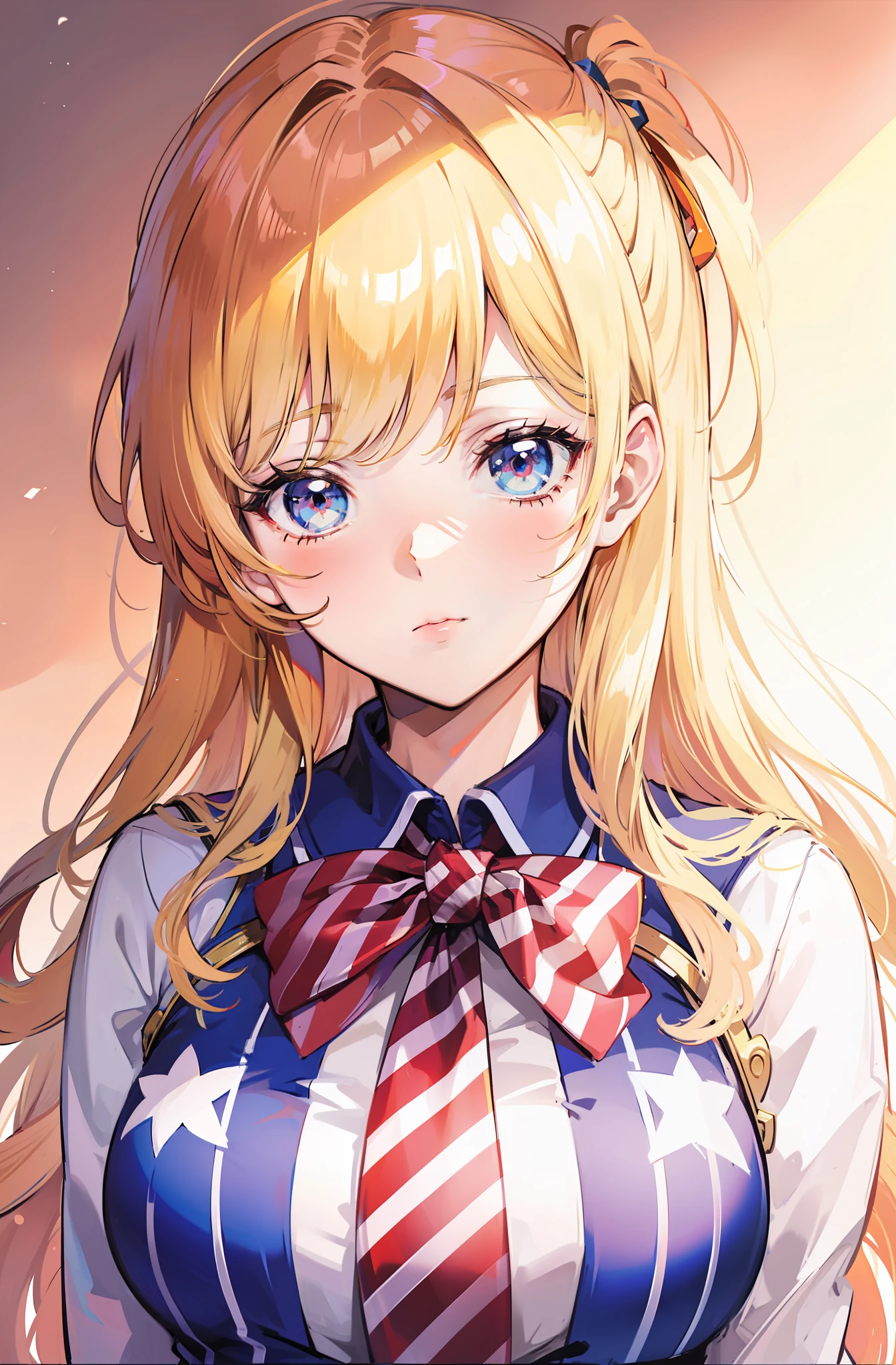 Long blonde anime girl in blue and white shirt and red tie, Blonde anime girl with long hair, cute anime girl portraits,