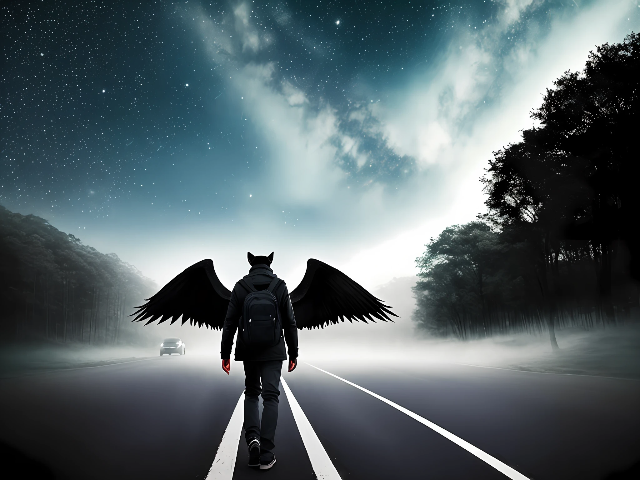 A road with an all-black creature with realistic wings in the background coming an American school bus with the headlights on dusk starry sky mist ultra realistic field great quality well detailed intricate masterpiece photorealistic photo award-winning dark atmosphere mysterious cinematic excellent composition style Victor saves ultra hd