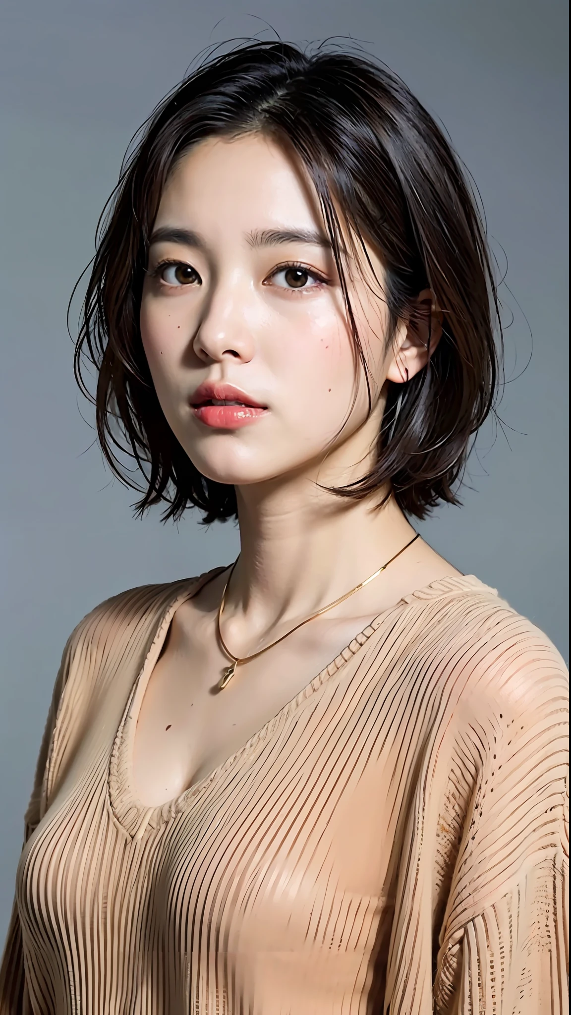 (Best quality, 8k, 32k, Masterpiece, UHD:1.2),Photo of Pretty Japanese woman, large breasts, very short bob hair,upper body,face focus,oversized_sweater, necklace, simple background, from above, looking at viewer,