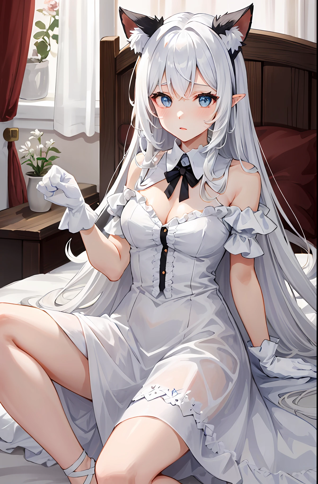 Lazy wind，wide blue eyes，White hair，Dull hair，Beast-eared maiden，White tones，sitted，1girll，Solo，adolable，white dresses，Big hazy eyes，Facial details are exquisite，Beth，onbed，Impeccable，Cute pose，Cartoon cute cat's paw gloves