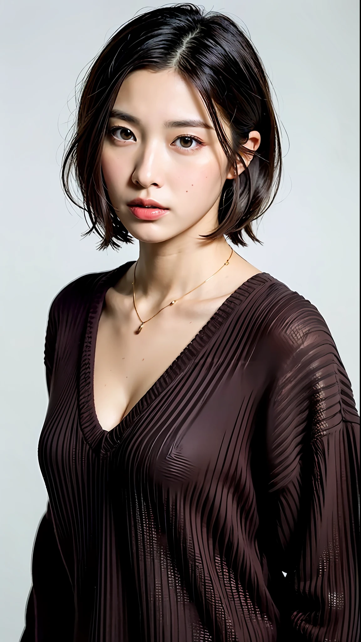 (Best quality, 8k, 32k, Masterpiece, UHD:1.2),Photo of Pretty Japanese woman, large breasts, very short bob hair,upper body,face focus,oversized_sweater, necklace, simple background, from above, looking at viewer,