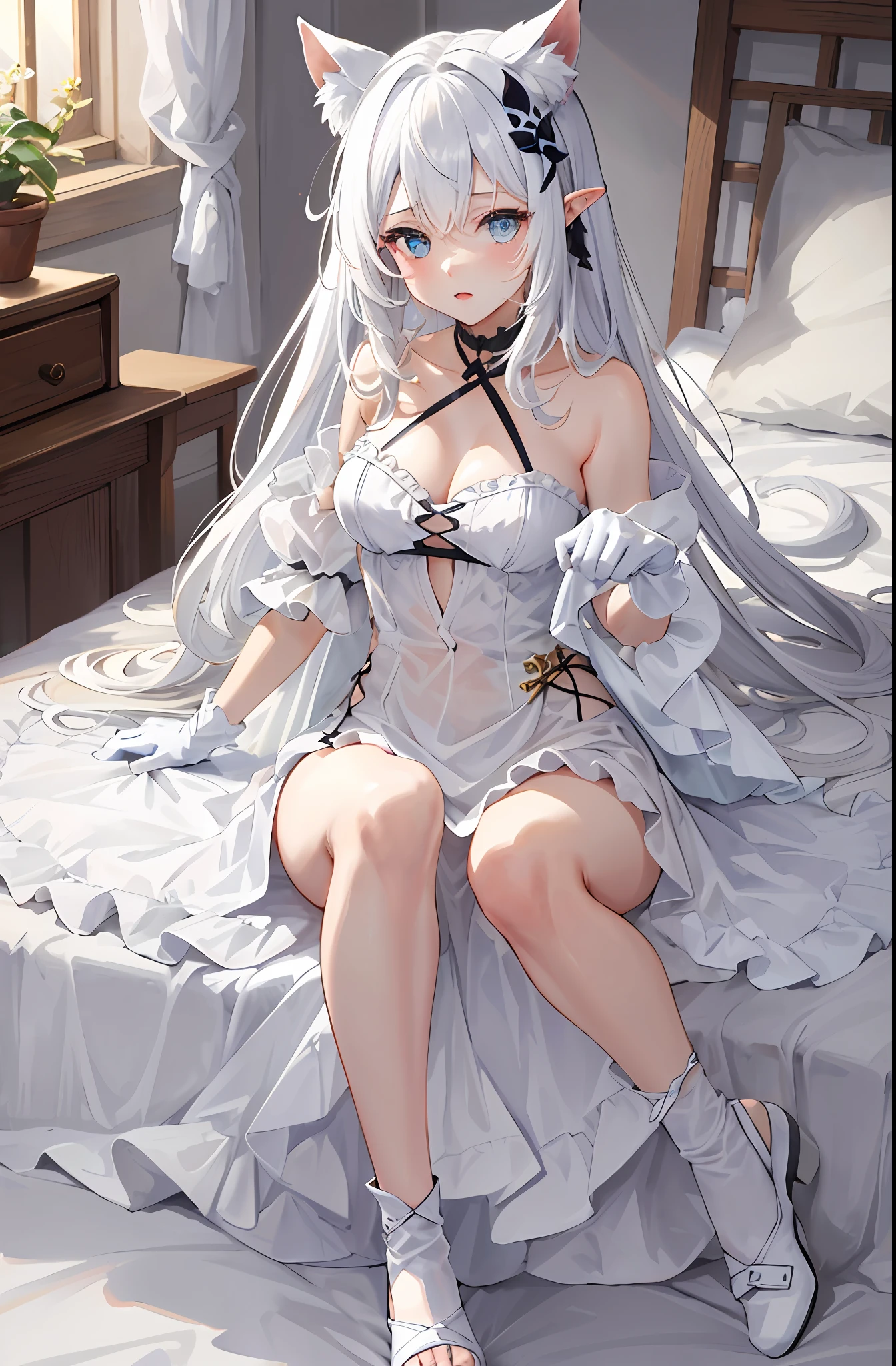 Lazy wind,wide blue eyes,White hair,Dull hair,Beast-eared maiden,White tones,sitted,1girll,Solo,adolable,white dresses,Big hazy eyes,Facial details are exquisite,Beth,onbed,Impeccable,Cute pose,Cartoon cute cat's paw gloves