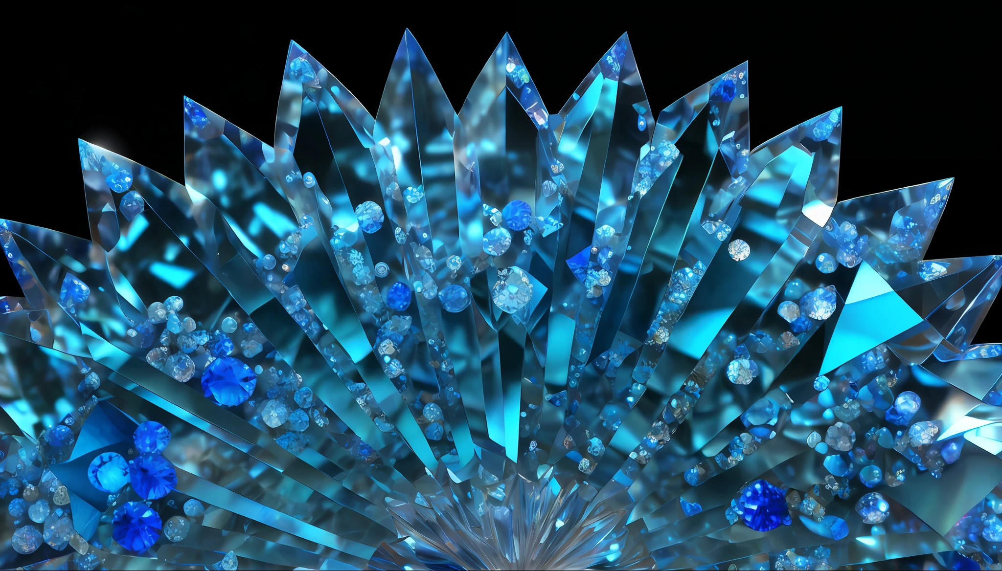 Blue crystal composition fan flower close-up, sector crystal, divergent crystal, complex structure, pagoda stack, ten-layer heavenly palace, gemstone stack, multi-layer sector crystal overlay, fan fractal crystal, shiny crystal, diamond in the center, sparkling crystal, blue crystalline scales, crystalline, glowing sparkling blue crystal, Swarovski crystal, crystal material, crystal holographic undertone, blue crystal, crystal scale, crystal and diamond, made of crystal synapses, beautiful crystal, refracted shimmering color 3D Crystals and gemstones, color 3D crystals and gemstones, cinema 4D color rendering, ray tracing. Fractal crystal, 3D digital art 4K, rendering with keyboard lens, 4K highly detailed digital art