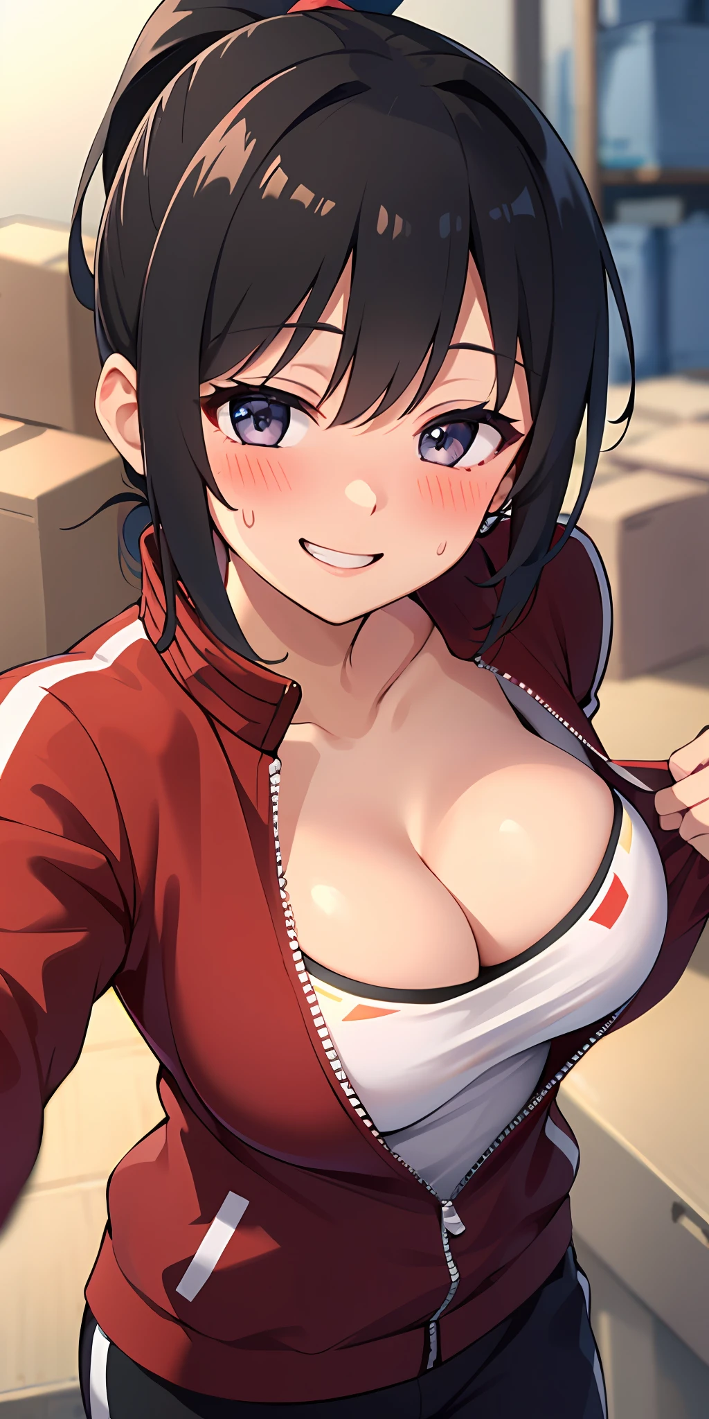 (Best quality:1.3), ponytail, round breasts, cleavage, open track jacket, sweatpants, smiling, (pov, close shot, blushing:1.2), warehouse background