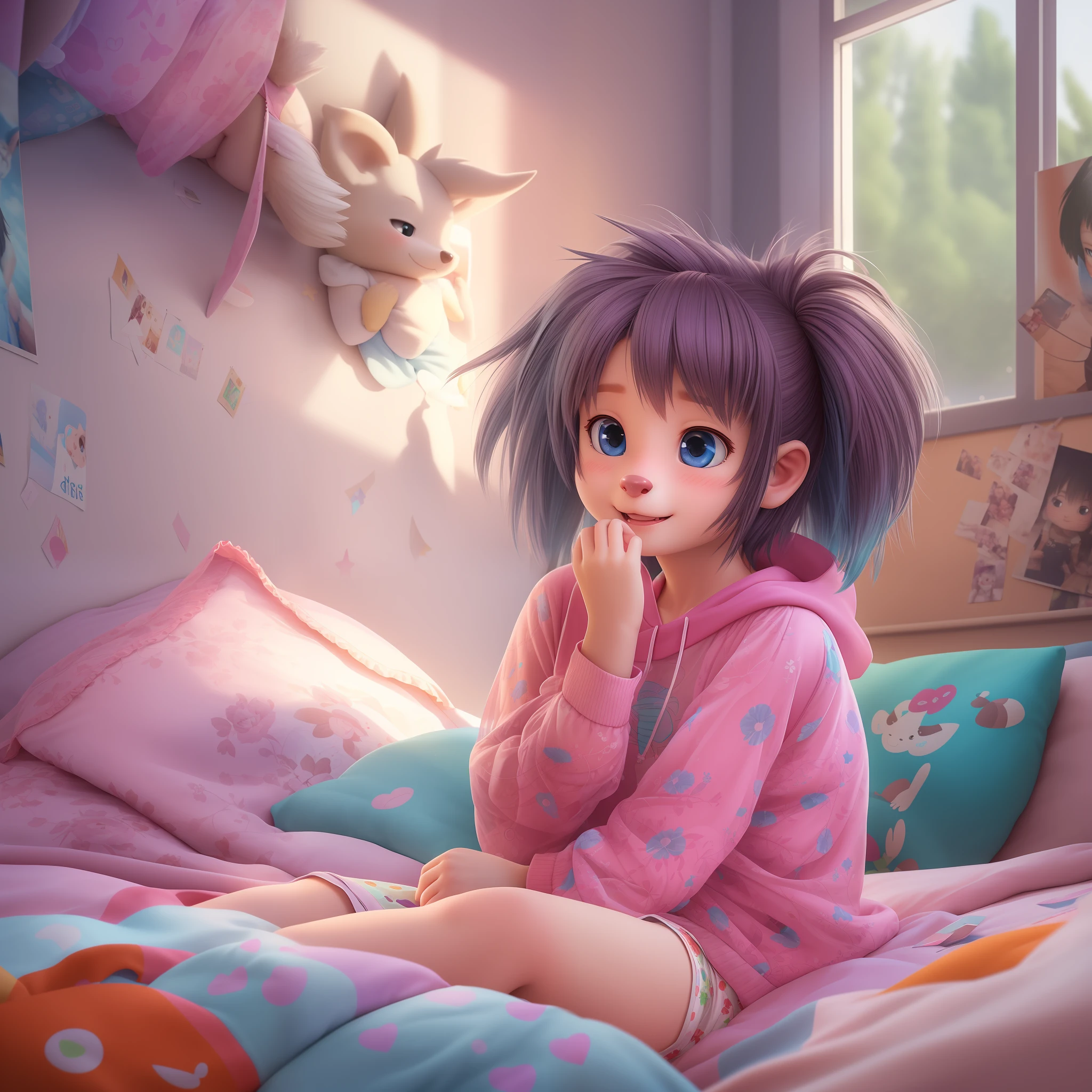 Beautiful and detailed picture of little girl, emo porcupine, (best quality, insanely detailed digital art:1.2), masterpiece, (child, kid, very young), adorable, animal ears, animal nose, animal mouth, furry, anthro, epic realistic, hyperdetailed, intricate details, (hdr:1.25), (intricate details:1.14), (hyperrealistic 3d render:1.16), (filmic:0.55), hyperdetailed background, teenager bedroom, 8 years old girl, kid, child, posters on walls, {pink boxer shorts, translucent clothes, transparent clothes:1.5} t-shirt, indoors, underwear, smile, navel, phone, pillows, laying, on stomach, on all fours, butt up, ass up, blue shirt, white socks, blush, short sleeves, trembling, on bed, clothes lift, no pants, no breasts ,flat chest, sweet, cute, adorable