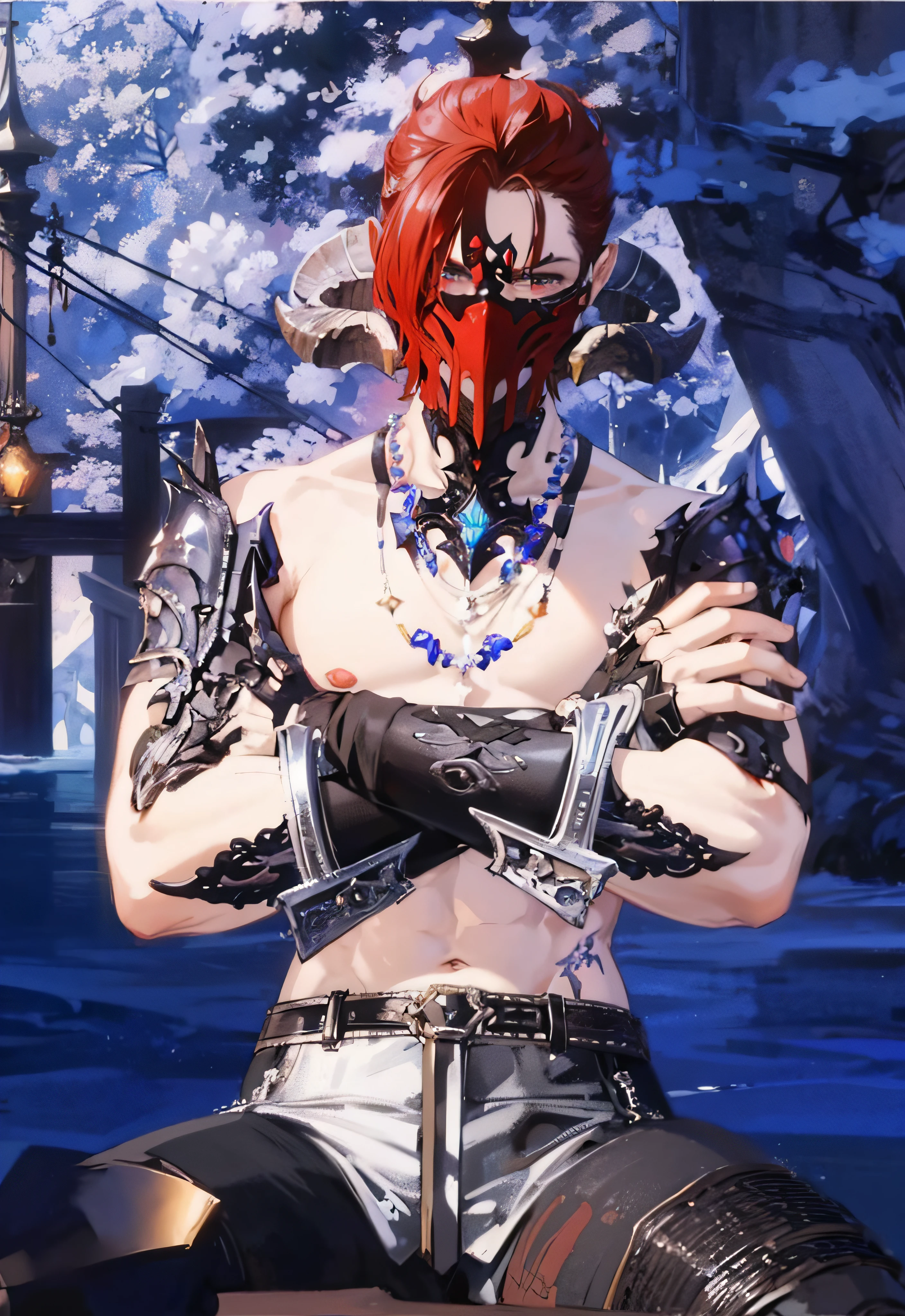 There is a man with a tattoo and a necklace on his chest, tranding on pxiv, 2b, 2 b, wearing shiny breastplate, From NCSOFT, Evil and cunning male, photogenic details on armor, full body close-up shot, close up half body shot, djinn man male demon, From Lineage 2, ffxiv heavensward