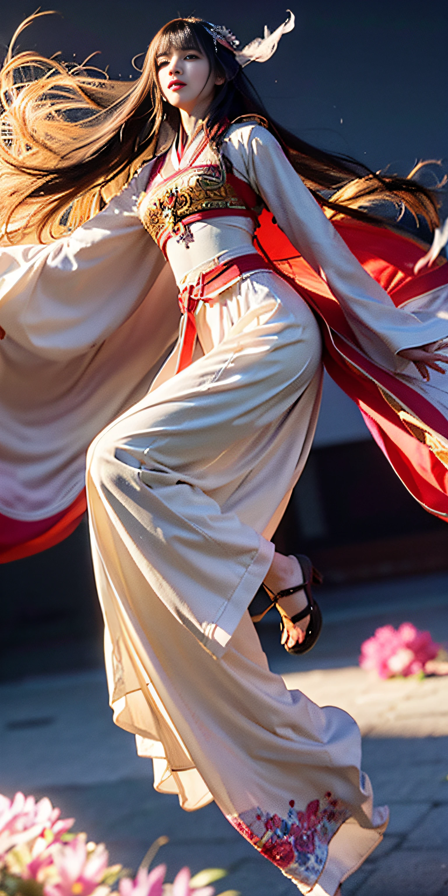 zhongfenghua, 1girl, (full body) solo, hanfu, flower field, blossom, (white smokes:1.3) (photorealistic:1.4), zentangle, mandala, entangle, official art, unity 8k wallpaper, ultra detailed, beautiful and aesthetic, masterpiece,best quality, (dynamic angle:1.4), glowing skin, (floating colorful sparkles:1) the most beautiful form of chaos, elegant, a brutalist designed, vivid colours, romanticism depth of field,