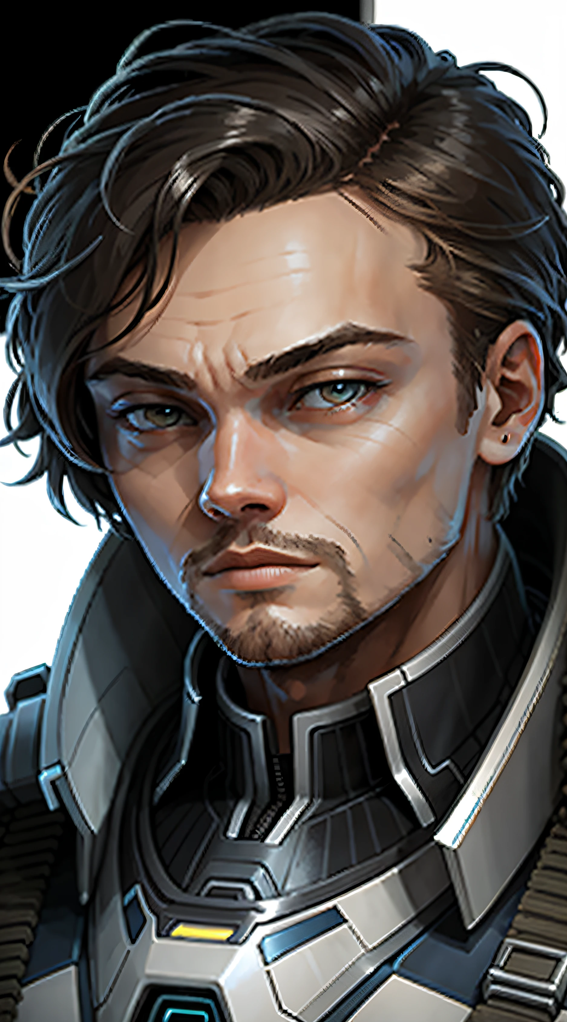 starsector, portrait of Leonardo Di Caprio as a male mecha, white background, focus on face, high-tech suit, --auto