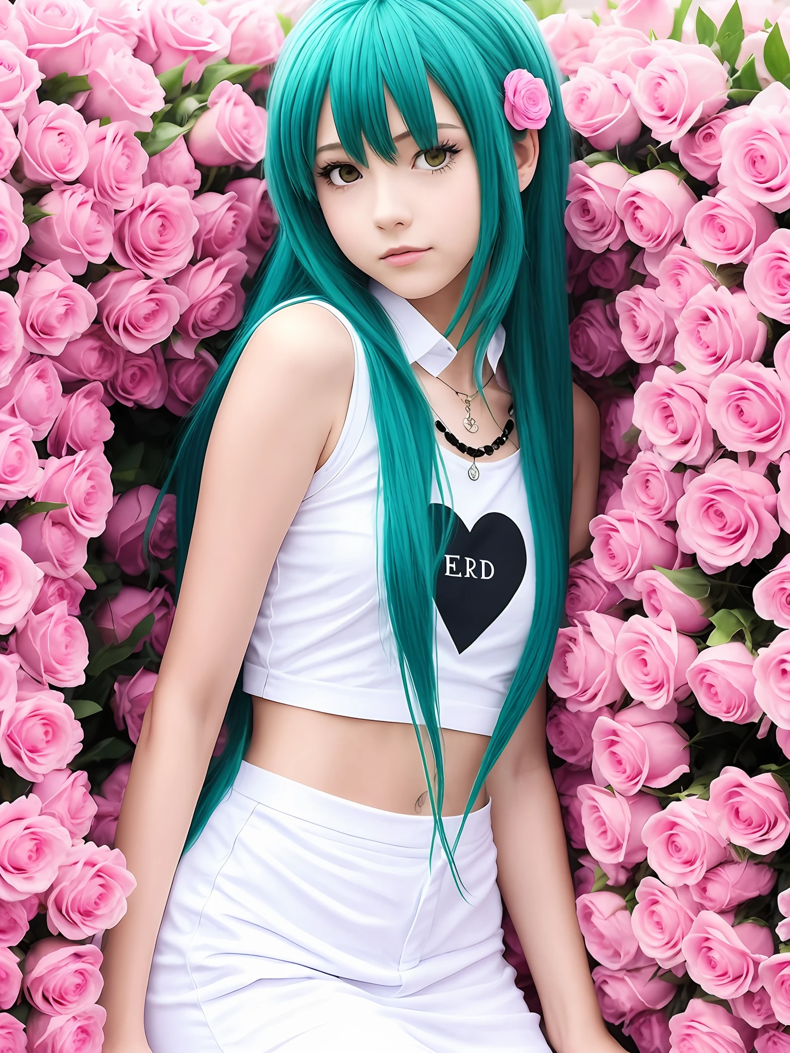 Menina de anime com cabelo rosa e verde com peitos grandes e olhos rosas, com roupas curtas e molhadas com as pernas abertas pra camera