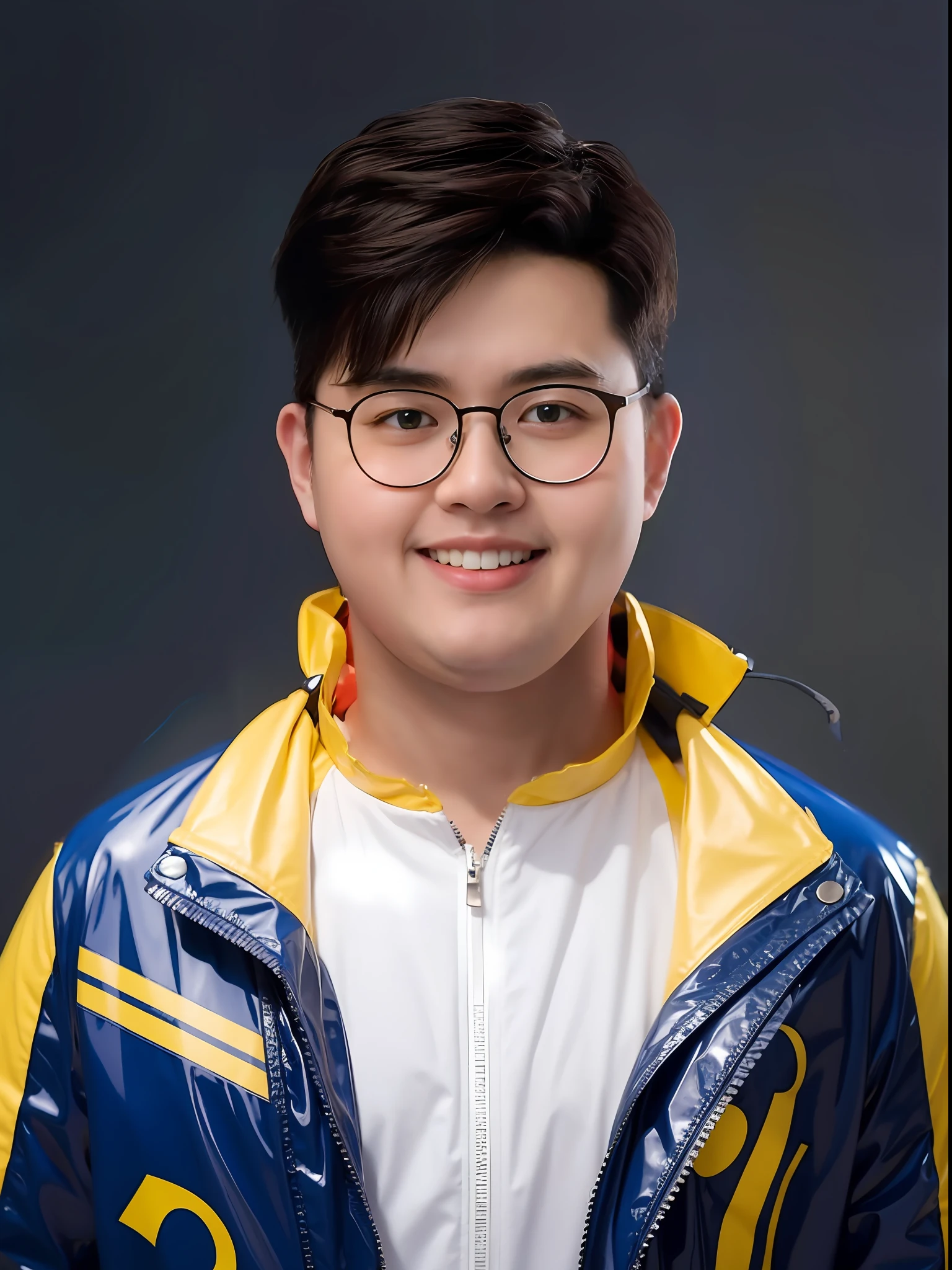A Chinese male high school student,Wearing PVC blue and yellow casual clothes,