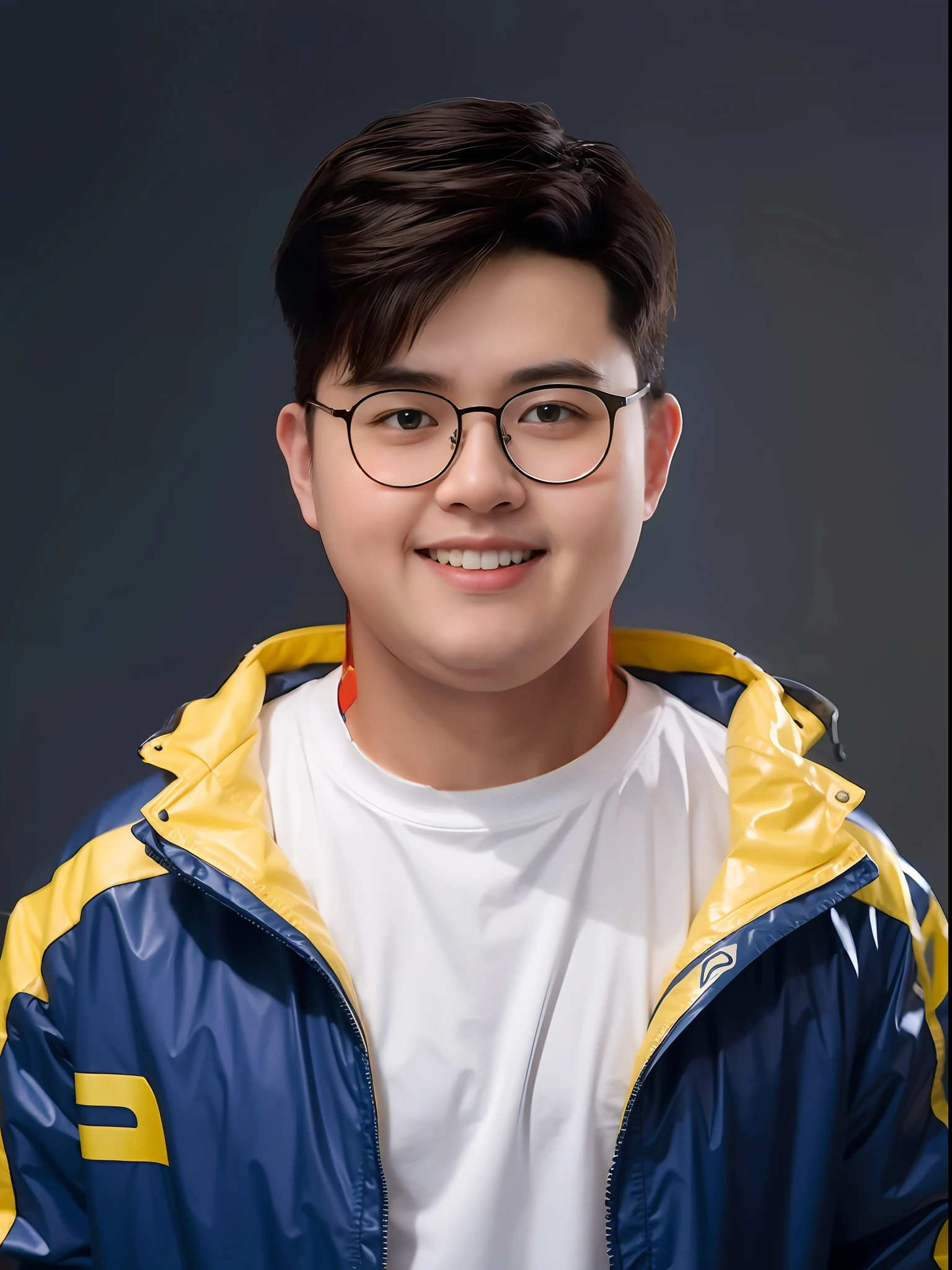 A Chinese male high school student,Wearing PVC blue and yellow casual clothes,