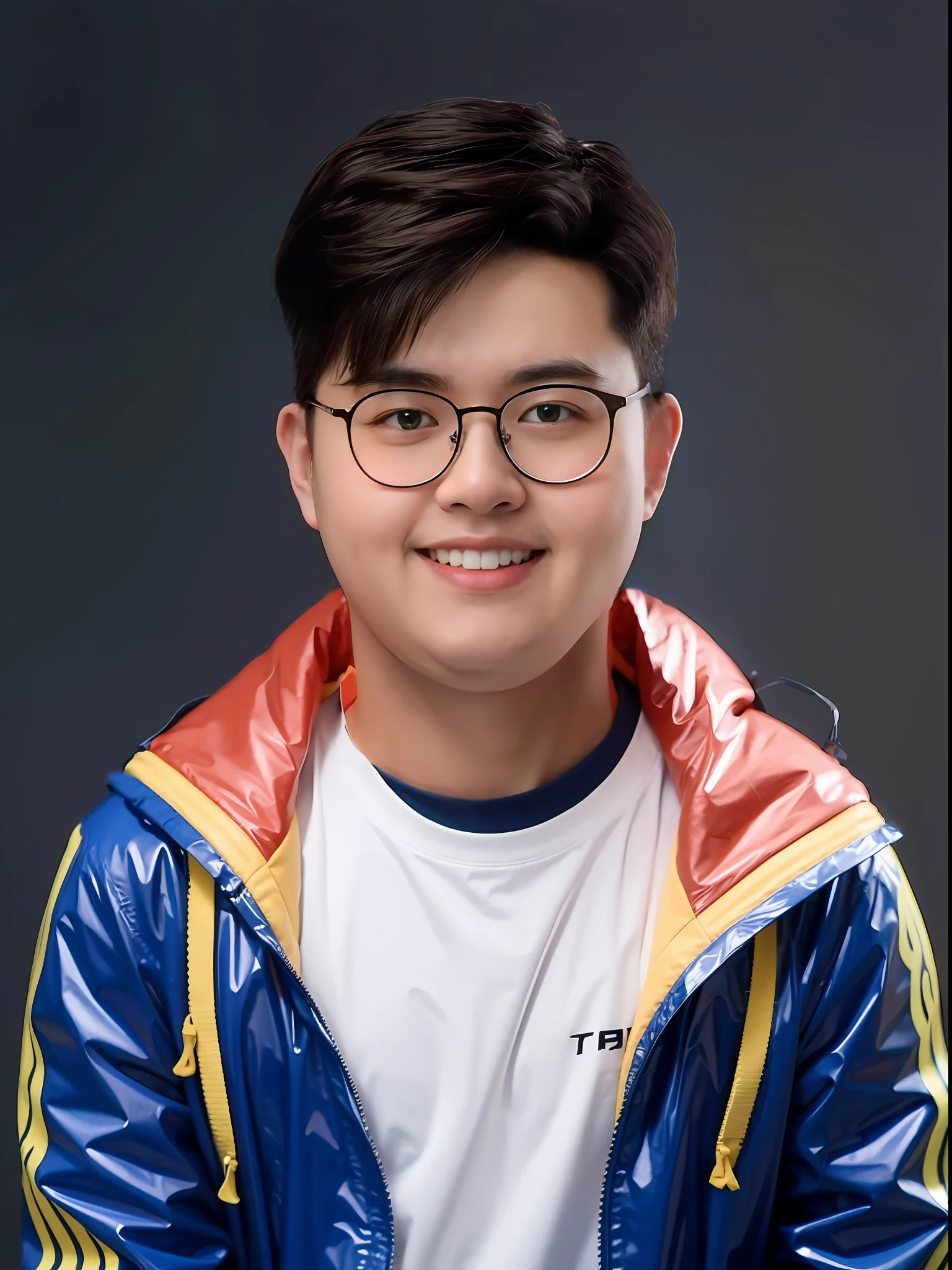 A Chinese male high school student,Wearing PVC blue and yellow casual clothes,
