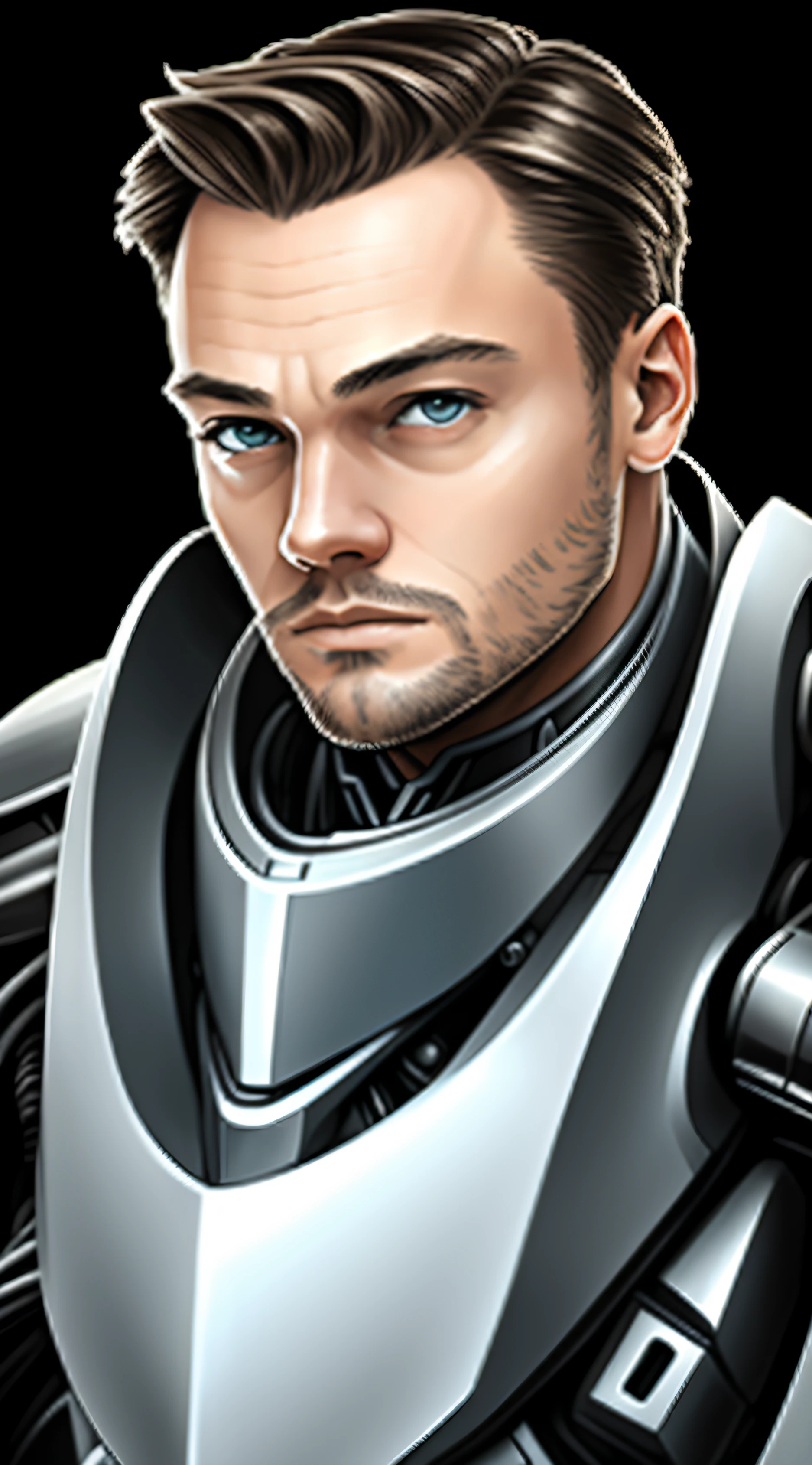setor estelar, retrato de Leonardo Di Caprio como um mecha masculino, fundo branco, foco no rosto, terno de alta tecnologia, --auto