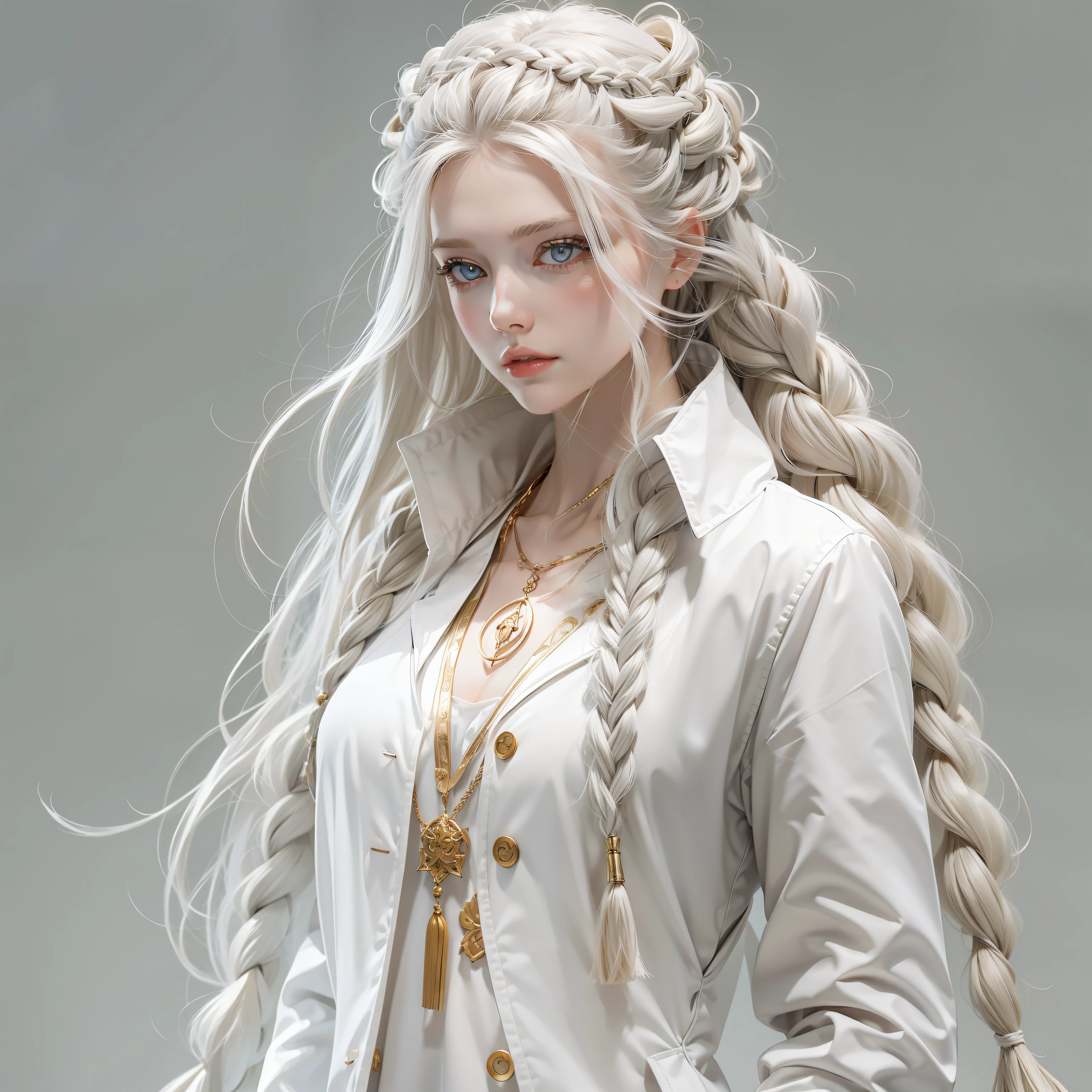 Manteau blanc，white skinned，whaite hair，long braid，Golden eyes，Look up，The upper part of the body，Need，tmasterpiece